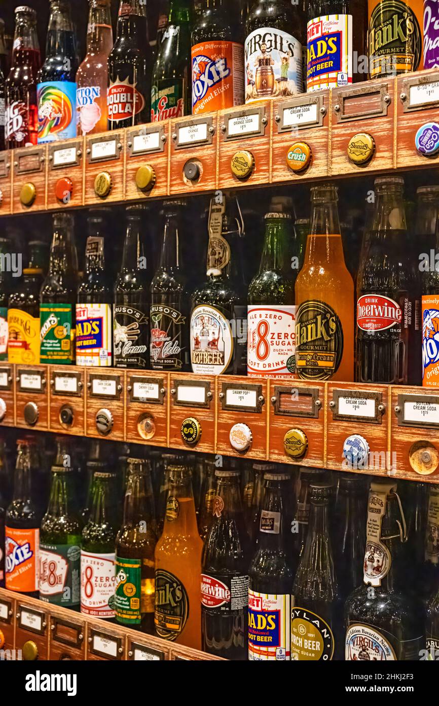 Vintage soda pop display at Cracker Barrel Old Country Store in Pell City, Alabama. (USA) Stock Photo