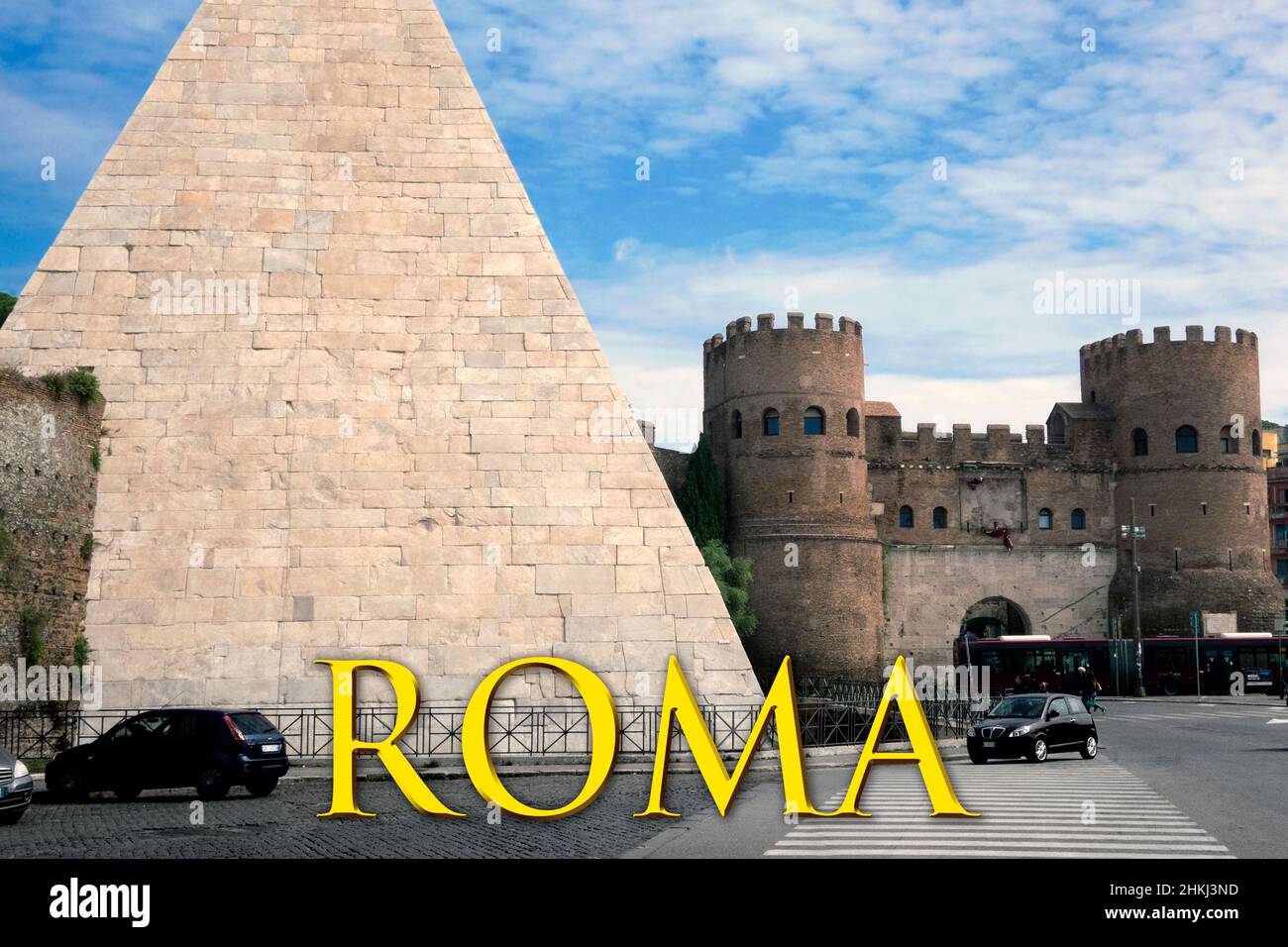 Pyramid of Caius Cestius, Rome and Porta San Paolo Gate, Rome, Italy, 2019. Stock Photo