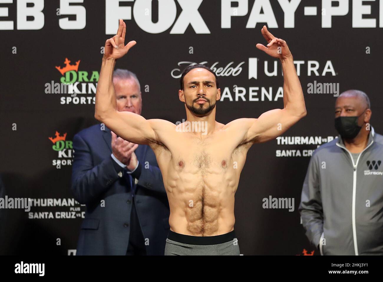 Las Vegas, USA. 04th Feb, 2022. LAS VEGAS, NV - FEBRUARY 4: Boxer Keith Thurman poses on the scale during the official weigh-in for his bout against Mario Barrios at the Mandalay Bay Michelob Ultra Arena February 5, 2022 in Las Vegas, Nevada. (Photo by Alejandro Salazar/PxImages) Credit: Px Images/Alamy Live News Stock Photo