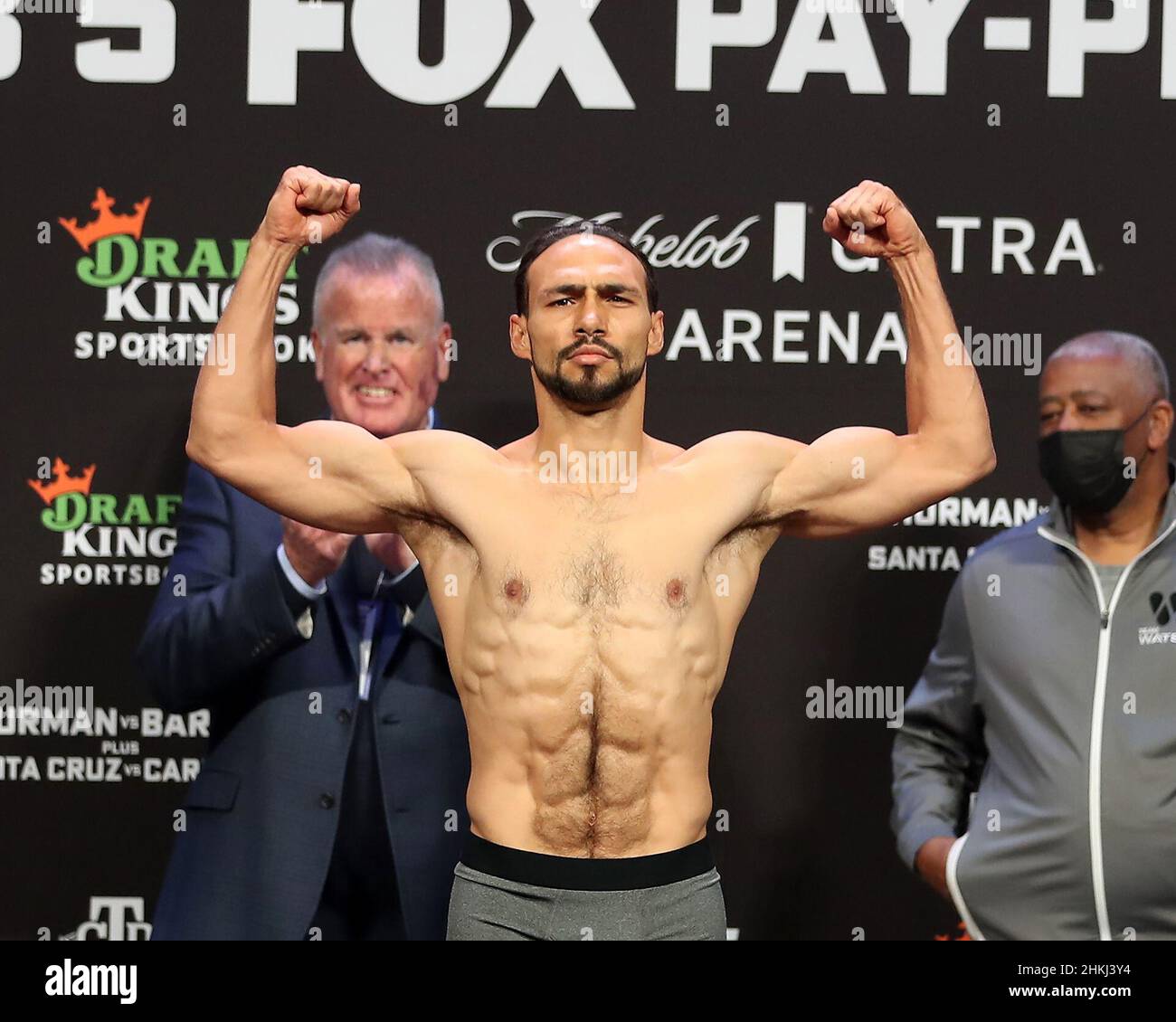 Las Vegas, USA. 04th Feb, 2022. LAS VEGAS, NV - FEBRUARY 4: Boxer Keith Thurman poses on the scale during the official weigh-in for his bout against Mario Barrios at the Mandalay Bay Michelob Ultra Arena February 5, 2022 in Las Vegas, Nevada. (Photo by Alejandro Salazar/PxImages) Credit: Px Images/Alamy Live News Stock Photo