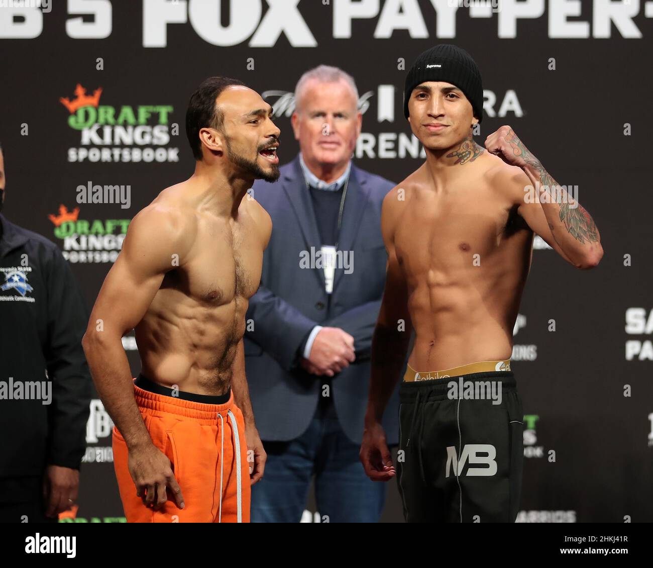 Las Vegas, USA. 04th Feb, 2022. LAS VEGAS, NV - FEBRUARY 4: (L-R) Boxers Keith Thurman and Mario Barrios face off during the official weigh-in for their bout at the Mandalay Bay Michelob Ultra Arena February 5, 2022 in Las Vegas, Nevada. (Photo by Alejandro Salazar/PxImages) Credit: Px Images/Alamy Live News Stock Photo