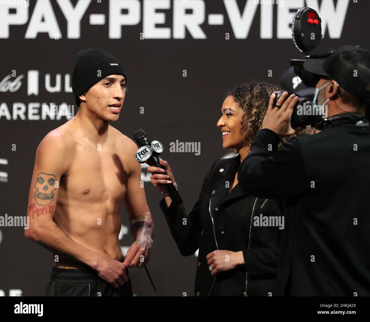 Las Vegas, USA. 04th Feb, 2022. LAS VEGAS, NV - FEBRUARY 4: Boxer Mario  Barrios speaks to journalists at the official weigh-in for his bout against  Keith Thurman at the Mandalay Bay