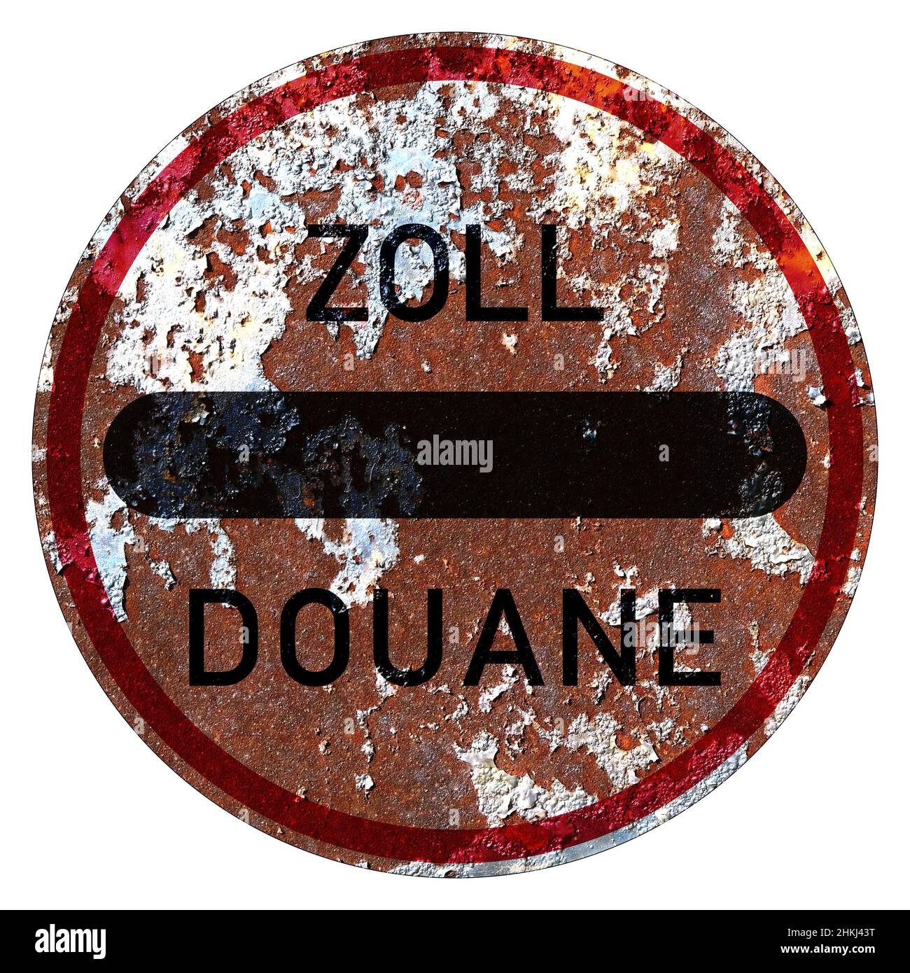 Old grunge EU road sign Checkpoints sign German, Germany customs office, Zoll, Douane Stock