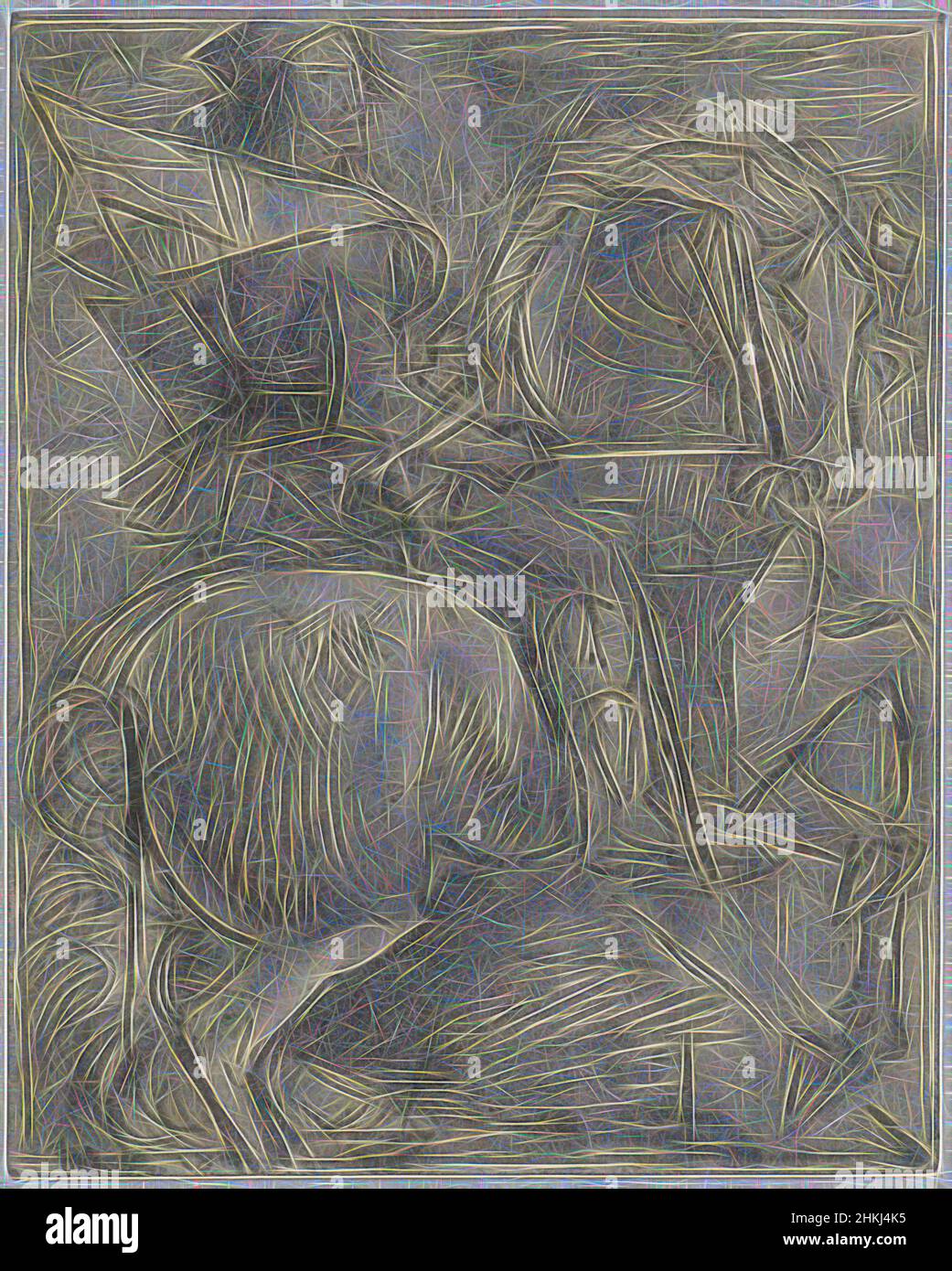 Inspired by Man on a rearing horse, draughtsman: Willem van Konijnenburg, 1918, paper, pencil, height 110 mm × width 90 mm, Reimagined by Artotop. Classic art reinvented with a modern twist. Design of warm cheerful glowing of brightness and light ray radiance. Photography inspired by surrealism and futurism, embracing dynamic energy of modern technology, movement, speed and revolutionize culture Stock Photo