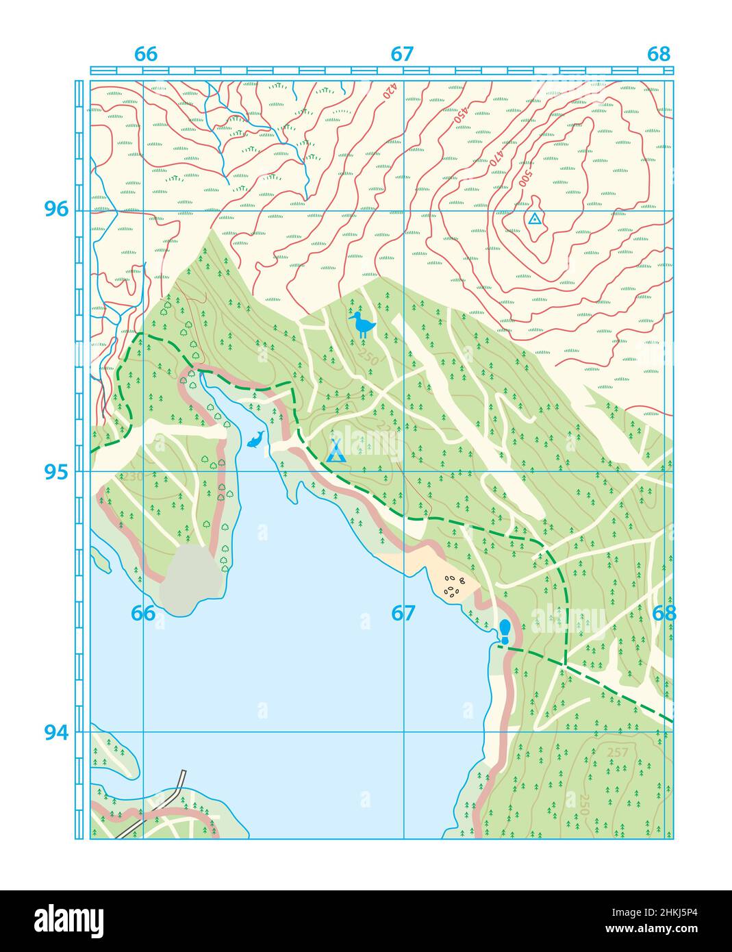 Hiking map showing land and sea, illustration Stock Photo - Alamy