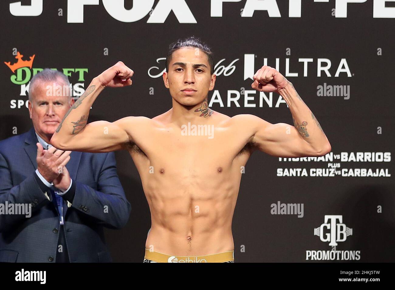 Las Vegas, USA. 04th Feb, 2022. LAS VEGAS, NV - FEBRUARY 4: Boxer Mario  Barrios speaks to journalists at the official weigh-in for his bout against  Keith Thurman at the Mandalay Bay