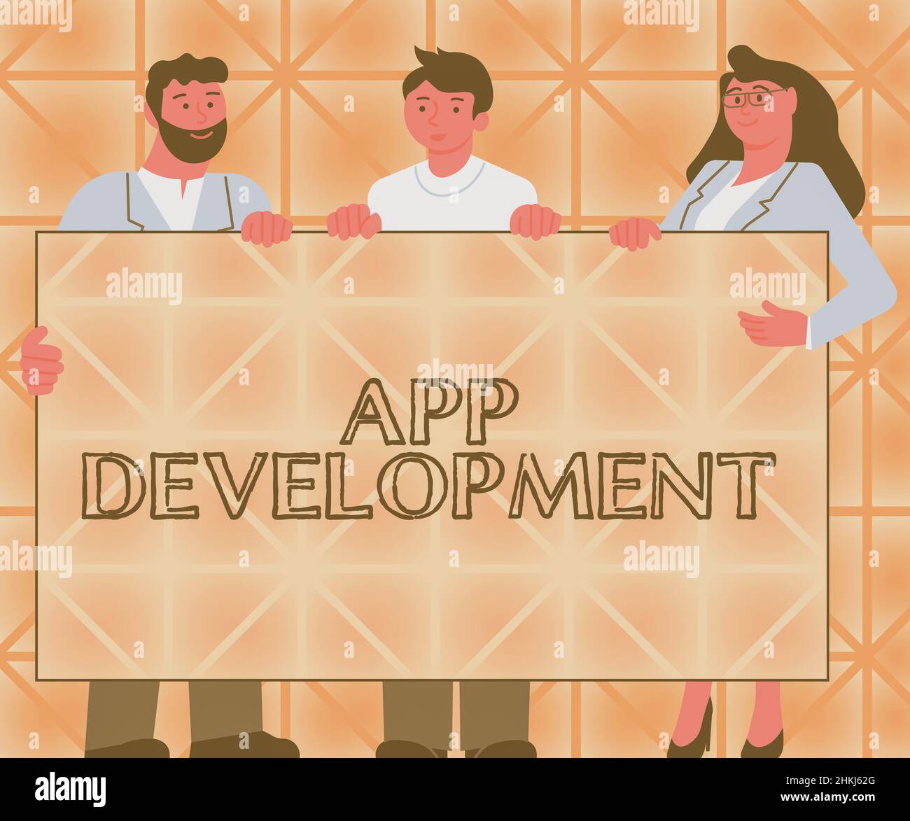 Handwriting text App Development. Internet Concept Development services for awesome mobile and web experiences Three Colleagues Holding Presentation Stock Photo