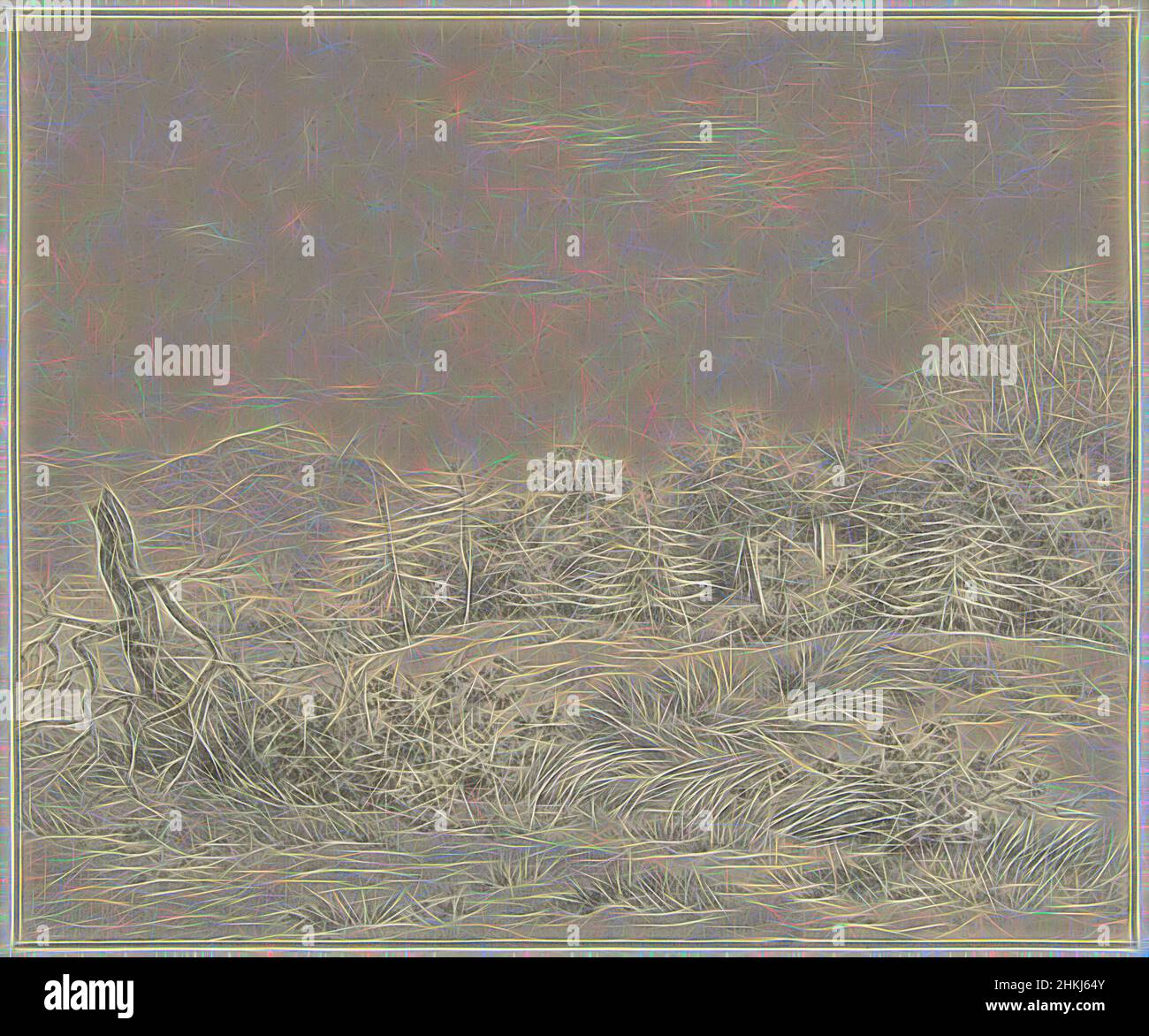 Inspired by Dune landscape near Bloemendaal, draughtsman: Johan Christiaan Willem Safft, 1788 - 1849, paper, ink, pen, height 264 mm × width 317 mm, Reimagined by Artotop. Classic art reinvented with a modern twist. Design of warm cheerful glowing of brightness and light ray radiance. Photography inspired by surrealism and futurism, embracing dynamic energy of modern technology, movement, speed and revolutionize culture Stock Photo