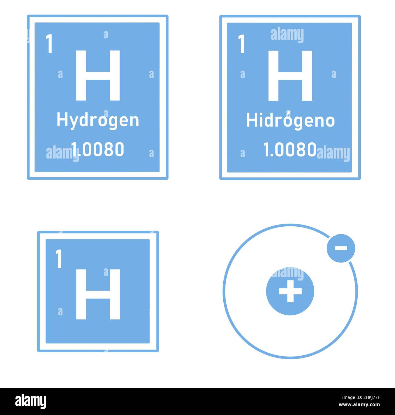 Blue icon of the element hydrogen of the periodic table with their atomic representation Stock Photo