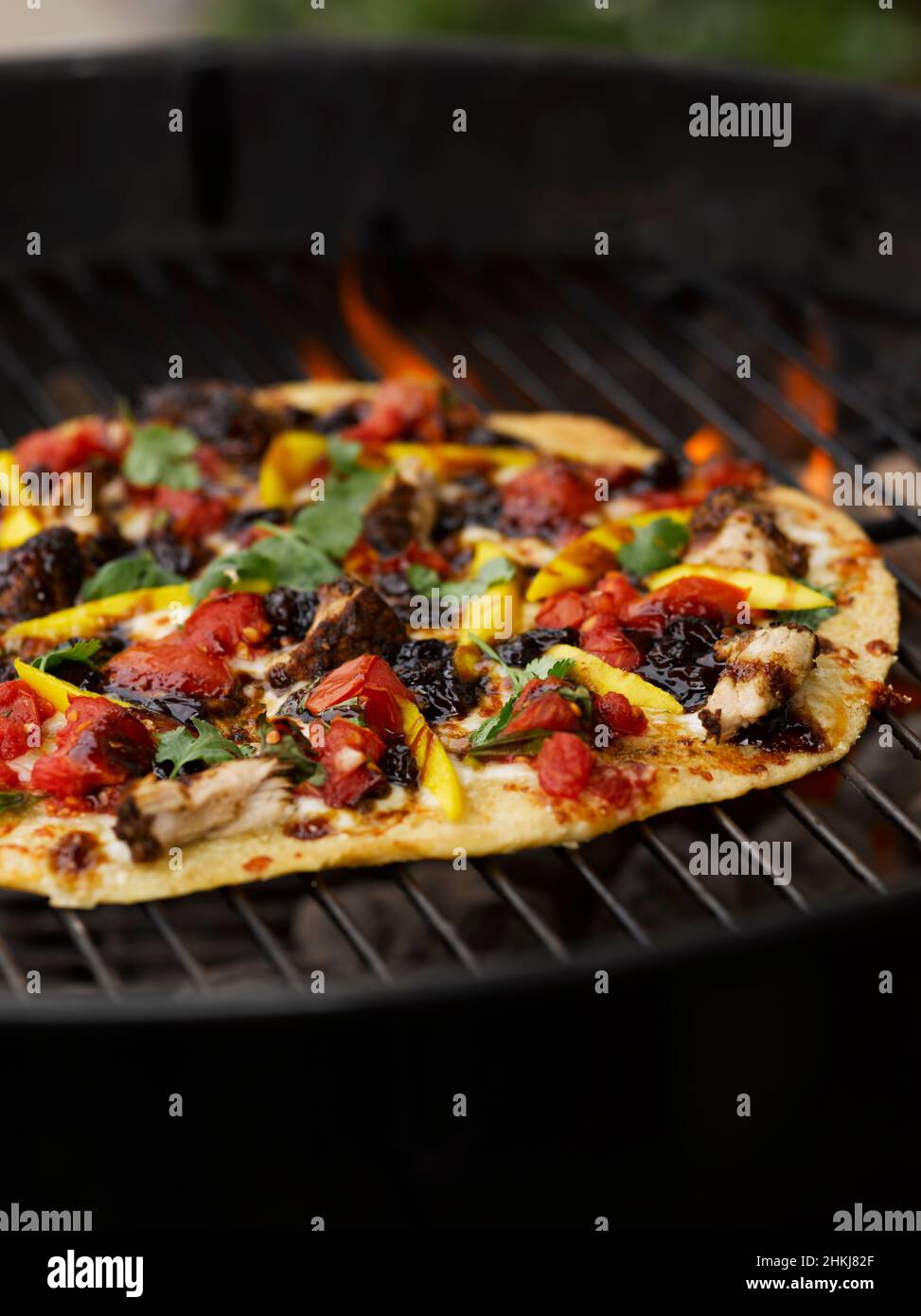 Pizza on charcoal grill Stock Photo Alamy