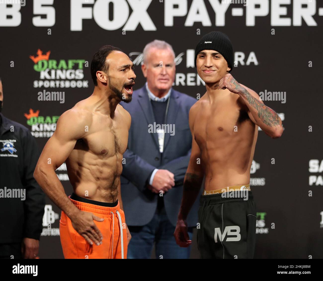 Las Vegas, USA. 04th Feb, 2022. LAS VEGAS, NV - FEBRUARY 4: Boxer Mario  Barrios speaks to journalists at the official weigh-in for his bout against  Keith Thurman at the Mandalay Bay