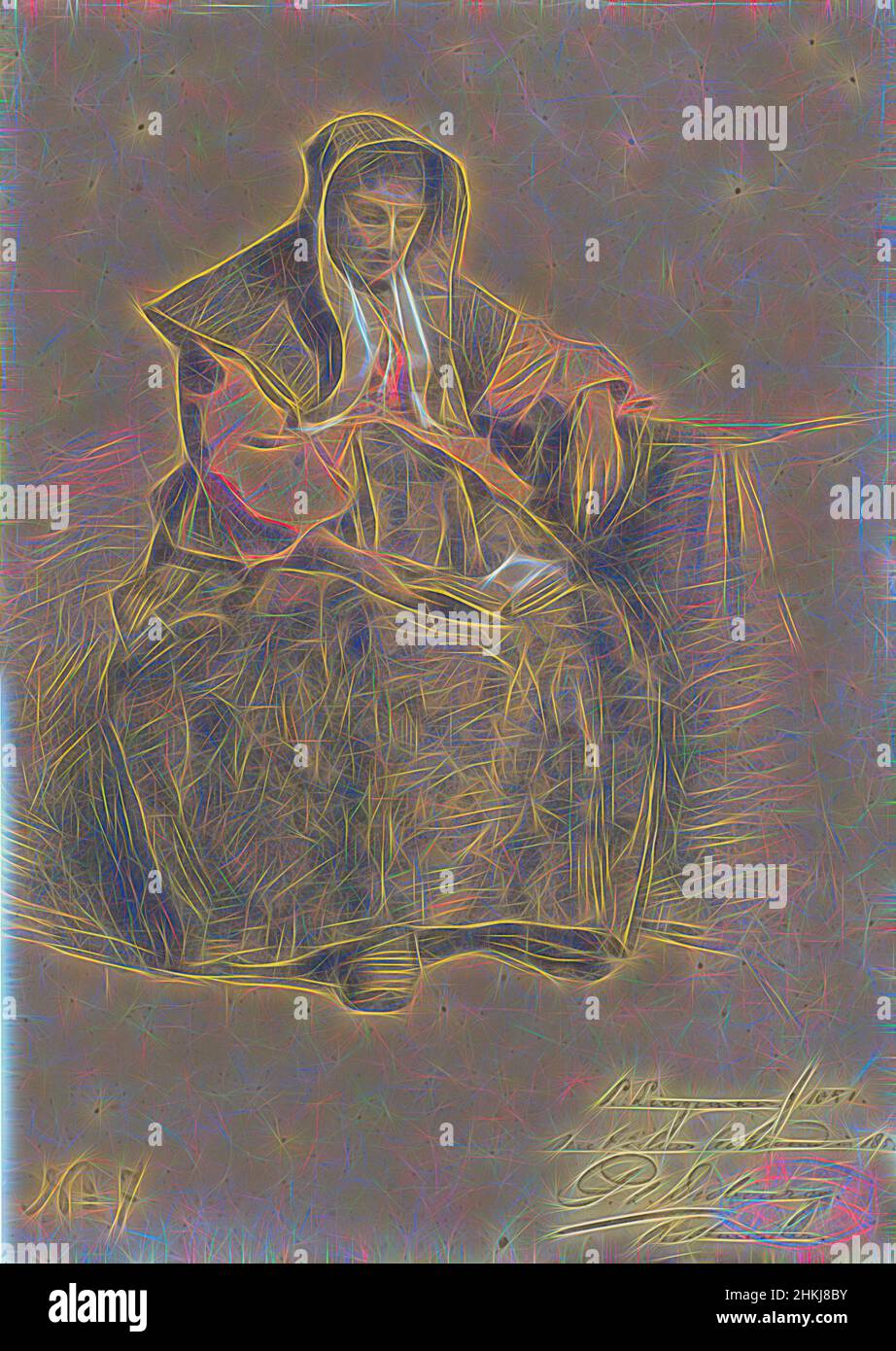 Inspired by Seated woman with book, draughtsman: Lambertus Lingeman, 23-Mar-1851, paper, chalk, height 294 mm × width 209 mm, Reimagined by Artotop. Classic art reinvented with a modern twist. Design of warm cheerful glowing of brightness and light ray radiance. Photography inspired by surrealism and futurism, embracing dynamic energy of modern technology, movement, speed and revolutionize culture Stock Photo
