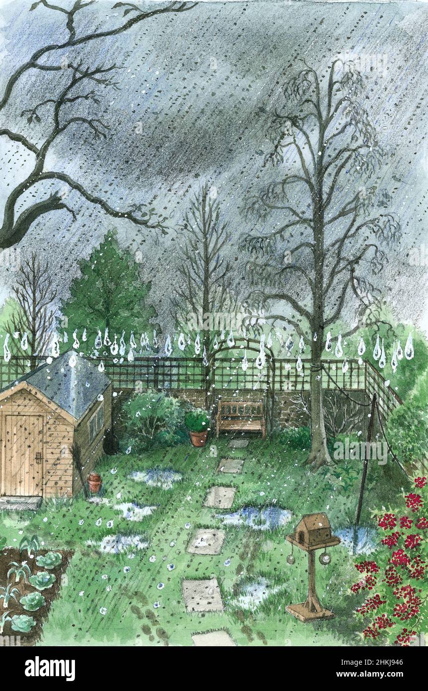 Garden during heavy rain, illustration Stock Photo - Alamy