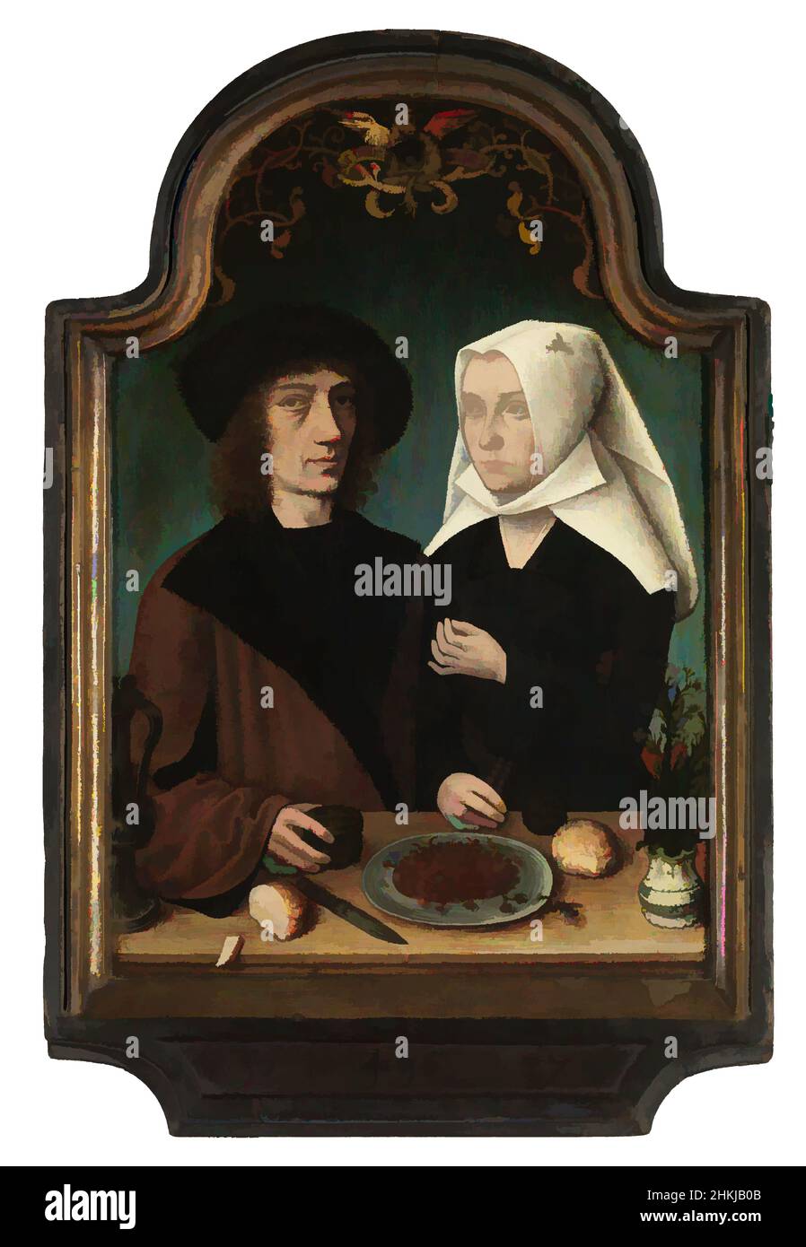 Art inspired by The painter and his wife, Master of Frankfurt, 1496, painting, 1496, Belgian Art, Classic works modernized by Artotop with a splash of modernity. Shapes, color and value, eye-catching visual impact on art. Emotions through freedom of artworks in a contemporary way. A timeless message pursuing a wildly creative new direction. Artists turning to the digital medium and creating the Artotop NFT Stock Photo