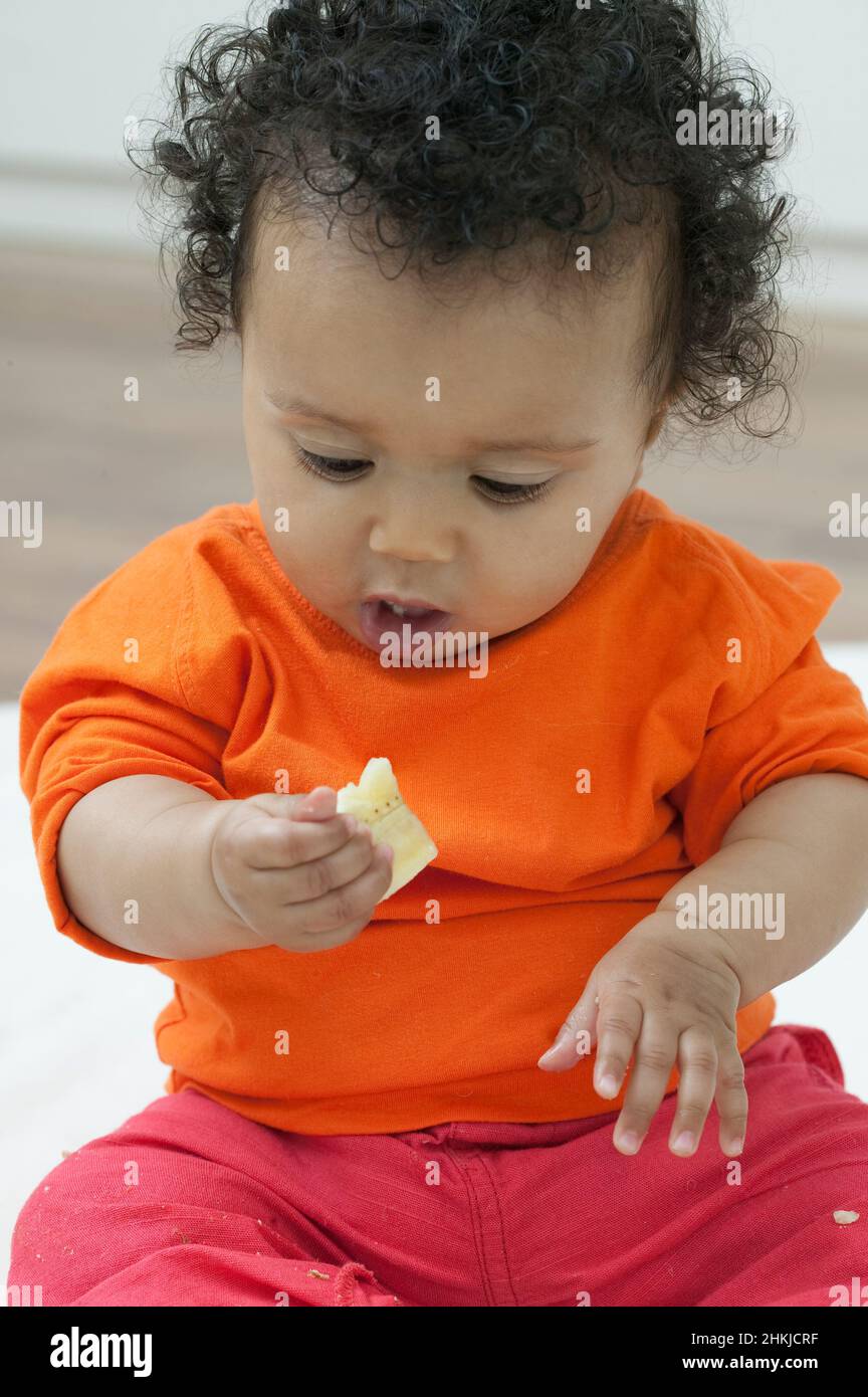 Baby girl looking at rice cracker Stock Photo Alamy
