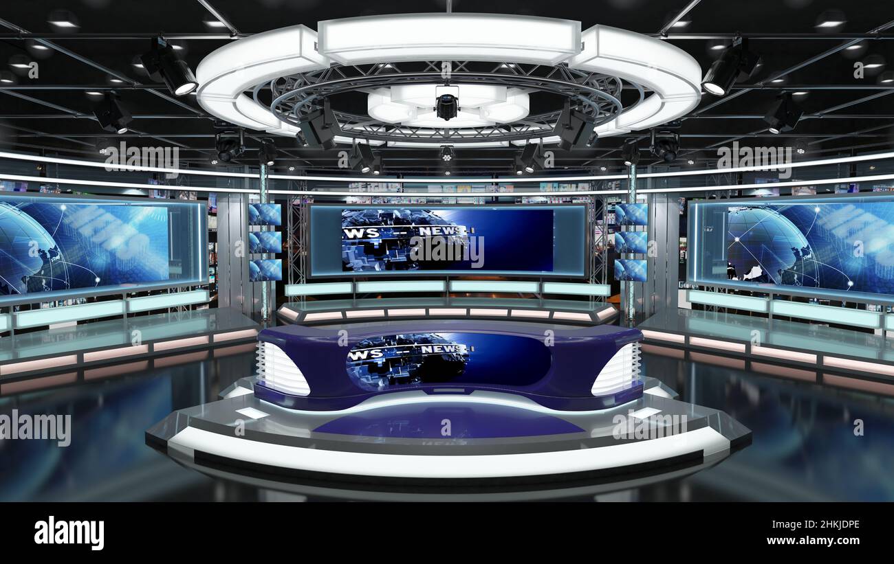 Virtual TV Studio Set. Green screen background. 3d Rendering Stock Photo