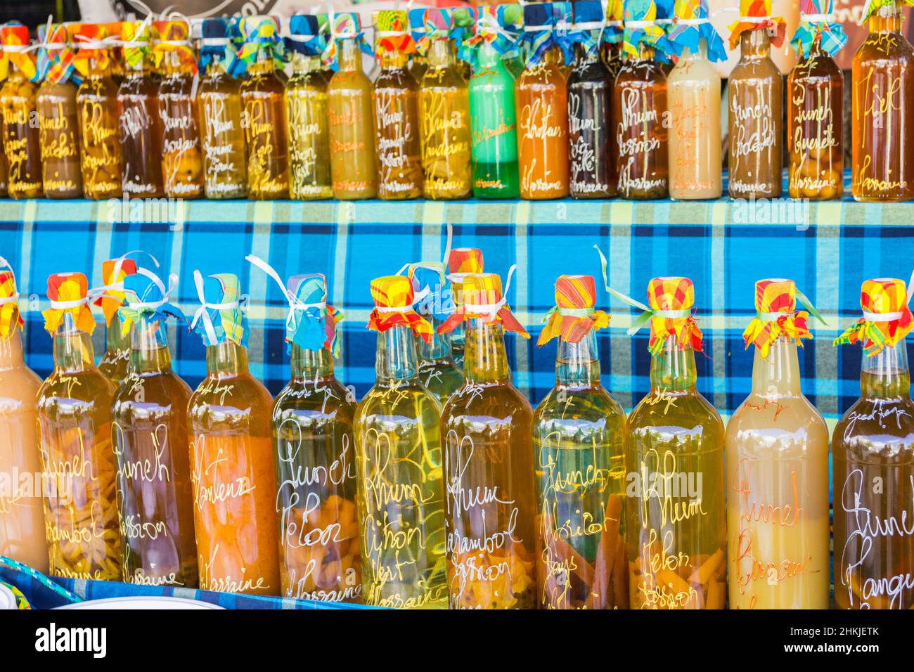 Arranged rum bottles on a local market Stock Photo