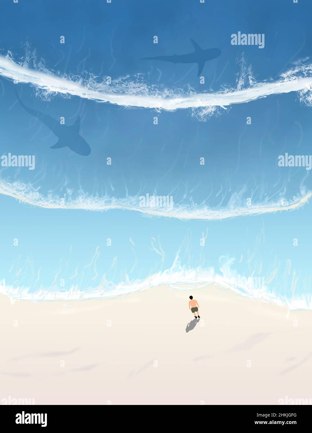 A man stands on a beach as a bull shark and a reef shark swim by in this 3-d illustration about dangers of swimming in the ocean. Copy space is availa Stock Photo
