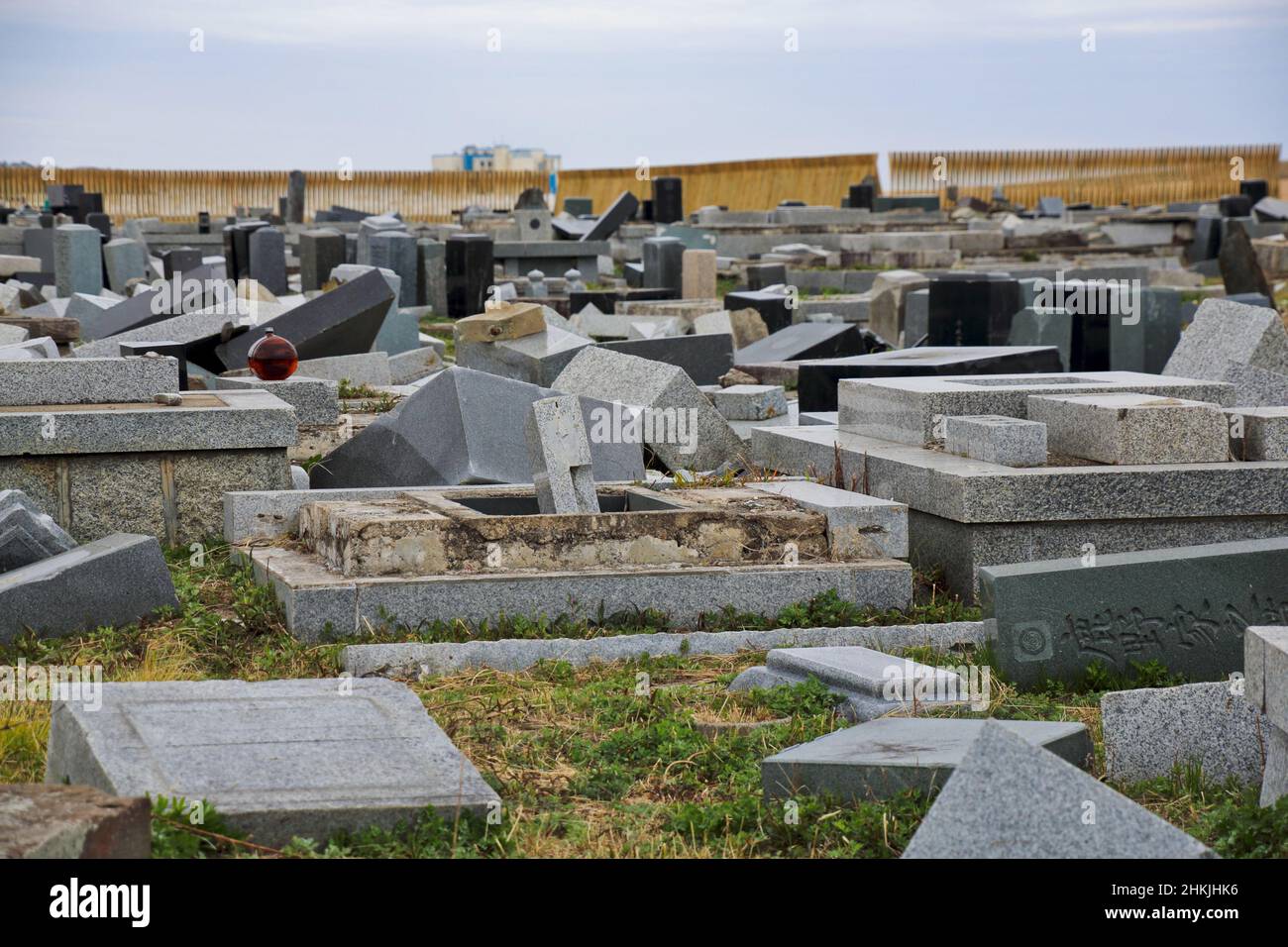 Destroyed graveyard, Fukushima, Japan Stock Photo