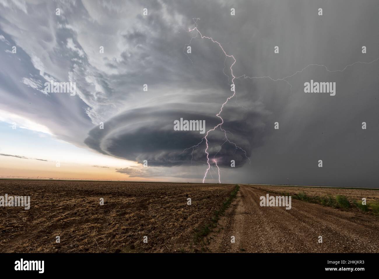 Supercell thunderstorm with lightning strike, Kansas, USA Stock Photo