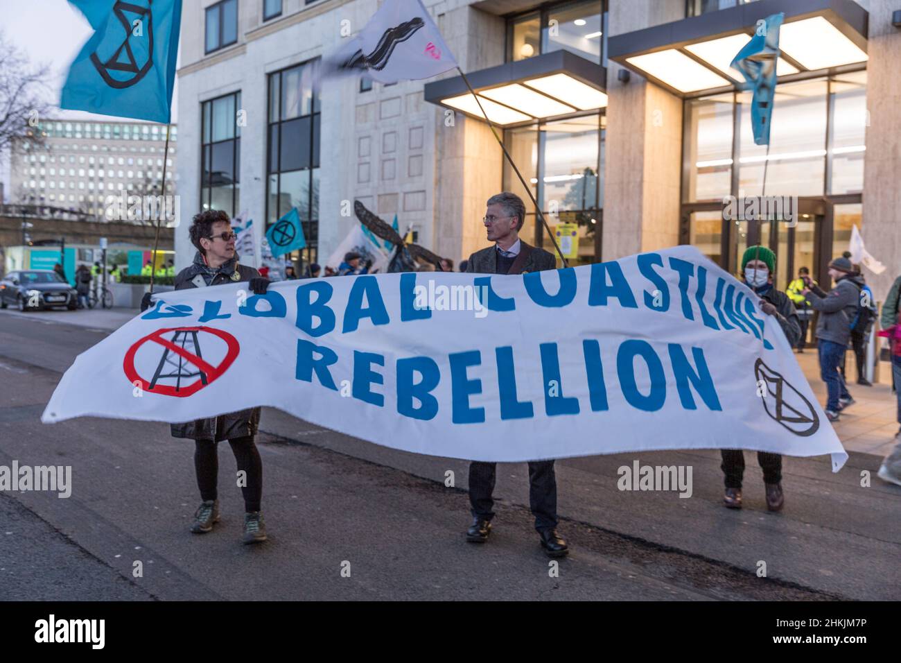 London, UK. 04th Feb 2022, Global Coastline Rebellion / Extinction Rebellion protesters in front of the Shell Centre on London's South Bank. Credit: Antony Meadley/Alamy Live News Stock Photo