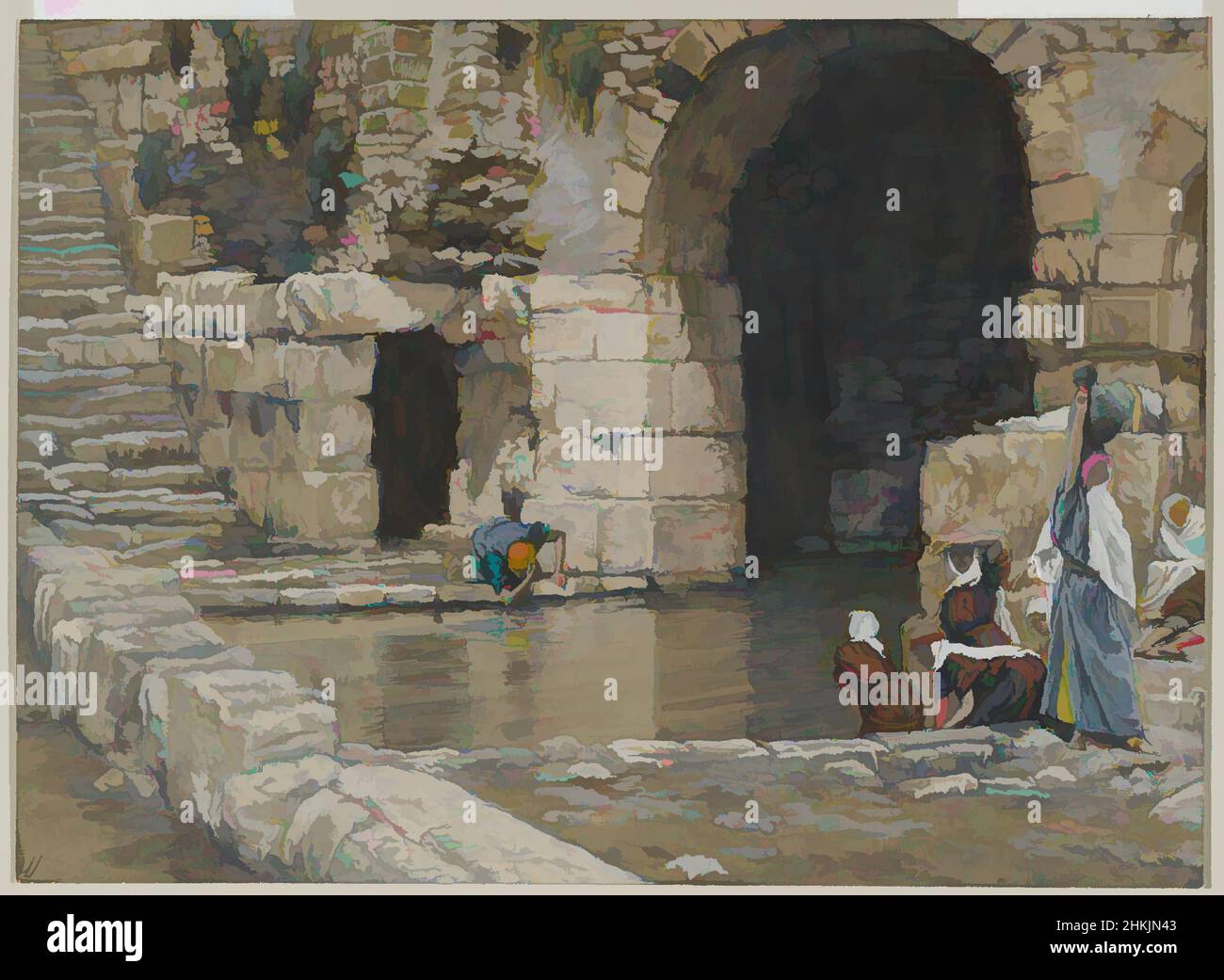 Art inspired by The Blind Man Washes in the Pool of Siloam, Le aveugle-né se lave à la piscine de Siloë, The Life of Our Lord Jesus Christ, La Vie de Notre-Seigneur Jésus-Christ, James Tissot, French, 1836-1902, Opaque watercolor over graphite on gray wove paper, France, 1886-1894, Classic works modernized by Artotop with a splash of modernity. Shapes, color and value, eye-catching visual impact on art. Emotions through freedom of artworks in a contemporary way. A timeless message pursuing a wildly creative new direction. Artists turning to the digital medium and creating the Artotop NFT Stock Photo