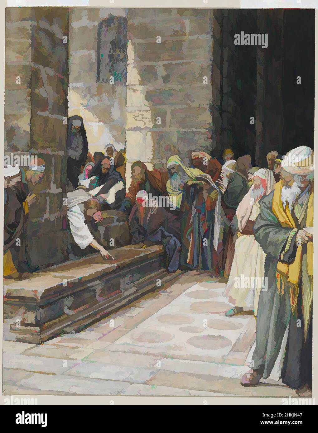 Art inspired by The Adulterous Woman--Christ Writing upon the Ground, La femme adultère--Christ écrit par terre, The Life of Our Lord Jesus Christ, La Vie de Notre-Seigneur Jésus-Christ, James Tissot, French, 1836-1902, Opaque watercolor over graphite on gray wove paper, France, 1886-, Classic works modernized by Artotop with a splash of modernity. Shapes, color and value, eye-catching visual impact on art. Emotions through freedom of artworks in a contemporary way. A timeless message pursuing a wildly creative new direction. Artists turning to the digital medium and creating the Artotop NFT Stock Photo
