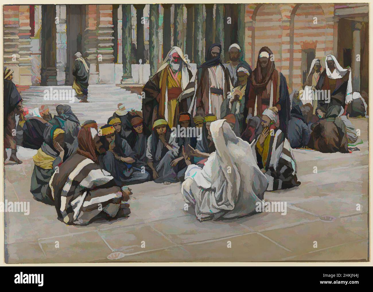 Art inspired by Jesus Speaks Near the Treasury, Jésus parle près du trésor, The Life of Our Lord Jesus Christ, La Vie de Notre-Seigneur Jésus-Christ, James Tissot, French, 1836-1902, Opaque watercolor over graphite on gray wove paper, France, 1886-1896, Image: 6 5/8 x 9 5/16 in., 16.8 x, Classic works modernized by Artotop with a splash of modernity. Shapes, color and value, eye-catching visual impact on art. Emotions through freedom of artworks in a contemporary way. A timeless message pursuing a wildly creative new direction. Artists turning to the digital medium and creating the Artotop NFT Stock Photo