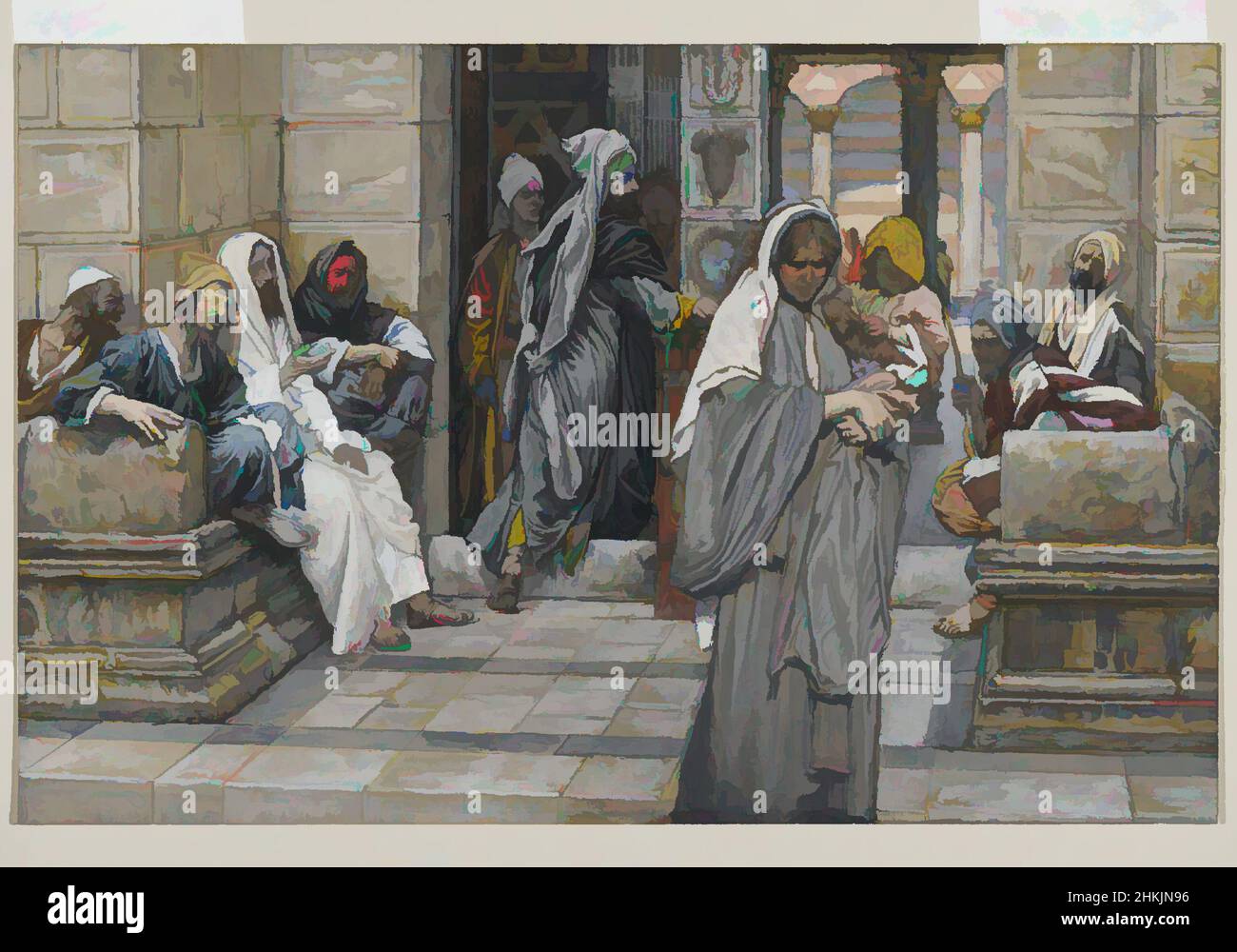 Art inspired by The Widow's Mite, Le denier de la veuve, The Life of Our Lord Jesus Christ, La Vie de Notre-Seigneur Jésus-Christ, James Tissot, French, 1836-1902, Opaque watercolor over graphite on gray wove paper, France, 1886-1894, Image: 7 3/16 x 11 1/16 in., 18.3 x 28.1 cm, child, Classic works modernized by Artotop with a splash of modernity. Shapes, color and value, eye-catching visual impact on art. Emotions through freedom of artworks in a contemporary way. A timeless message pursuing a wildly creative new direction. Artists turning to the digital medium and creating the Artotop NFT Stock Photo