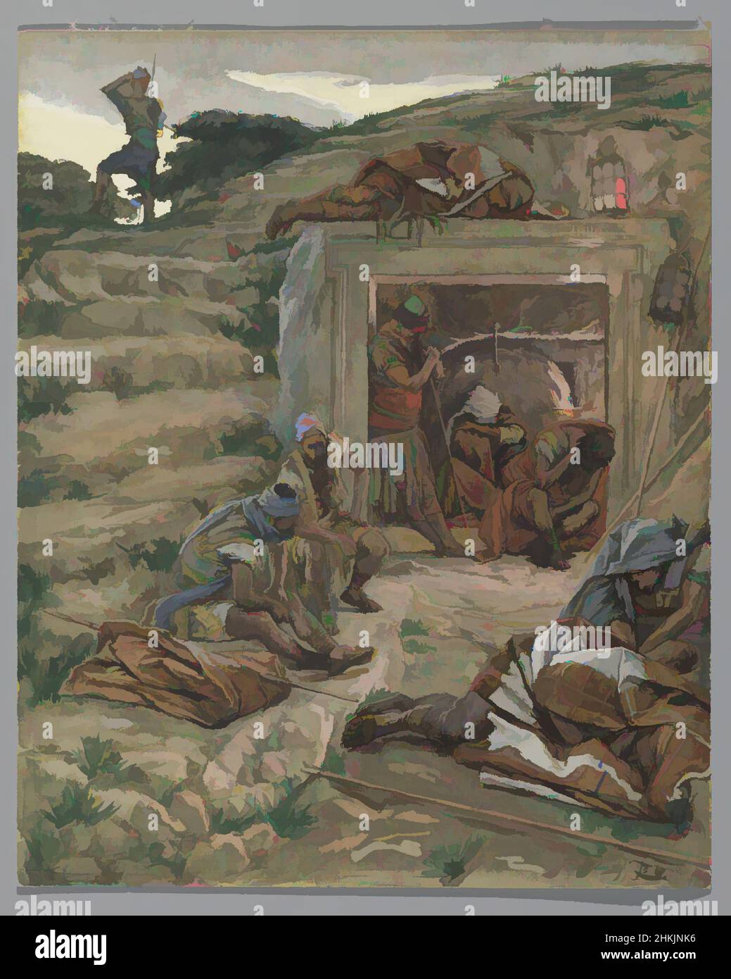 Art inspired by The Watch Over the Tomb, La garde du Tombeau, The Life of Our Lord Jesus Christ, La Vie de Notre-Seigneur Jésus-Christ, James Tissot, French, 1836-1902, Opaque watercolor over graphite on gray wove paper, France, 1886-1894, Image: 10 5/8 x 8 5/8 in., 27 x 21.9 cm, cave, Classic works modernized by Artotop with a splash of modernity. Shapes, color and value, eye-catching visual impact on art. Emotions through freedom of artworks in a contemporary way. A timeless message pursuing a wildly creative new direction. Artists turning to the digital medium and creating the Artotop NFT Stock Photo