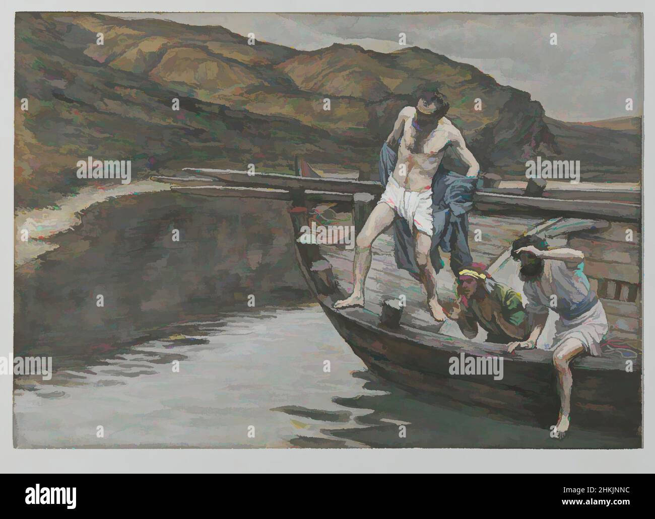 Art inspired by Saint Peter Alerted by Saint John to the Presence of the Lord Casts Himself into the Water, Saint Pierre averti par Saint Jean que le Seigneur est là se jette à l'eau, The Life of Our Lord Jesus Christ, La Vie de Notre-Seigneur Jésus-Christ, James Tissot, French, 1836-, Classic works modernized by Artotop with a splash of modernity. Shapes, color and value, eye-catching visual impact on art. Emotions through freedom of artworks in a contemporary way. A timeless message pursuing a wildly creative new direction. Artists turning to the digital medium and creating the Artotop NFT Stock Photo