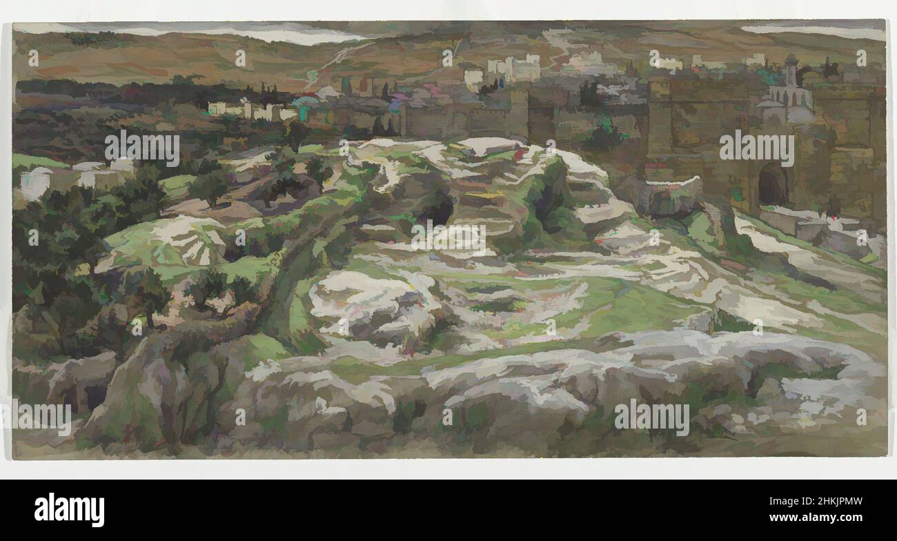 Art inspired by Reconstruction of Golgotha and the Holy Sepulchre, Seen from the Walls of Herod's Palace, Reconstitution du Golgotha et du Saint-Sépulcre. Vu des murs du palais d'Hérode., The Life of Our Lord Jesus Christ, La Vie de Notre-Seigneur Jésus-Christ, James Tissot, French, Classic works modernized by Artotop with a splash of modernity. Shapes, color and value, eye-catching visual impact on art. Emotions through freedom of artworks in a contemporary way. A timeless message pursuing a wildly creative new direction. Artists turning to the digital medium and creating the Artotop NFT Stock Photo