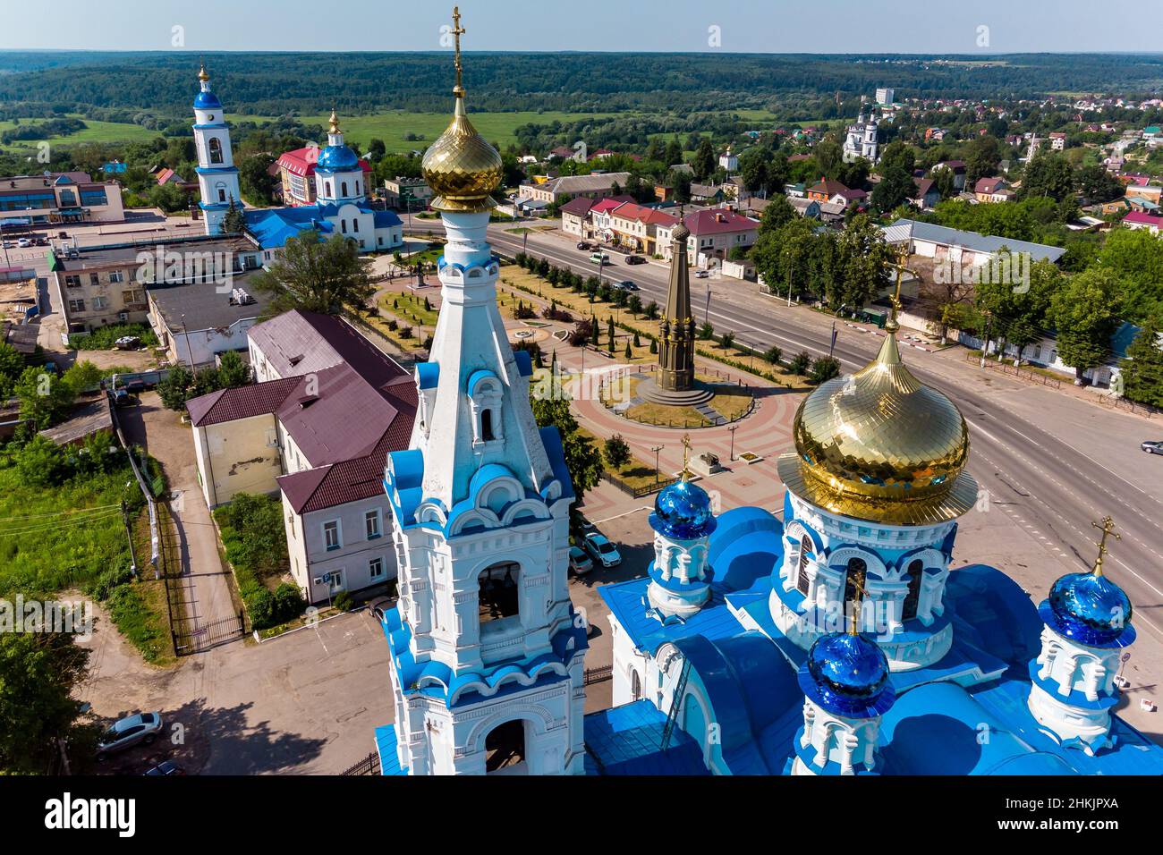 Aerial view of the bell tower of the Cathedral of the Assumption of the Blessed Virgin on the main square of the city of Maloyaroslavets, Russia Stock Photo