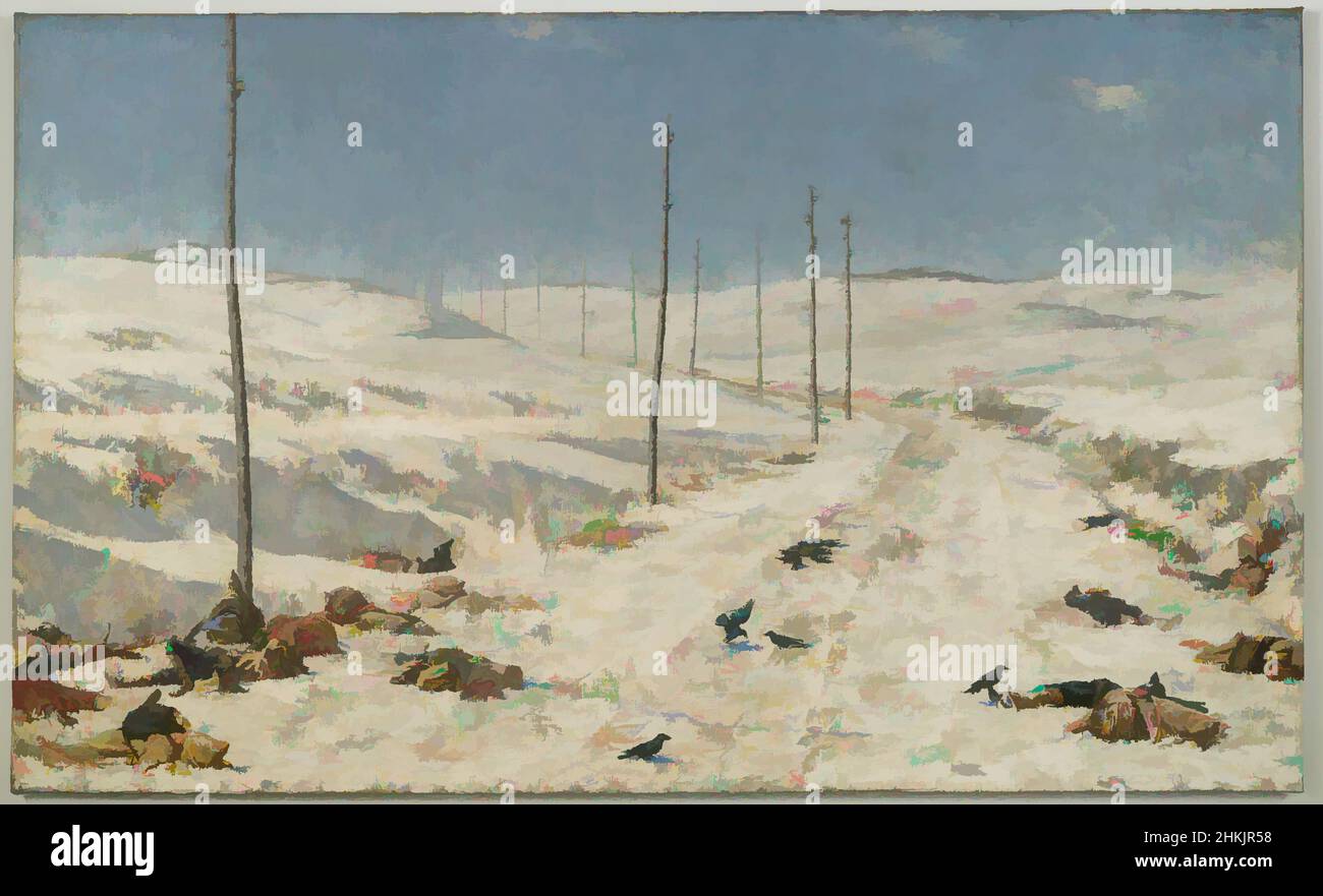 Art inspired by The Road of the War Prisoners, Vasily Vereshchagin, Russian, 1842-1904, Oil on canvas, Russia, 1878-1879, 71 1/4 x 117 11/16 x 2 1/4 in., 181 x 298.9 x 5.7 cm, 1878-1879, birds, bodies, cold, corpses, crows, death, decay, desolate, Dramatic, oil on canvas, pecking, road, Classic works modernized by Artotop with a splash of modernity. Shapes, color and value, eye-catching visual impact on art. Emotions through freedom of artworks in a contemporary way. A timeless message pursuing a wildly creative new direction. Artists turning to the digital medium and creating the Artotop NFT Stock Photo