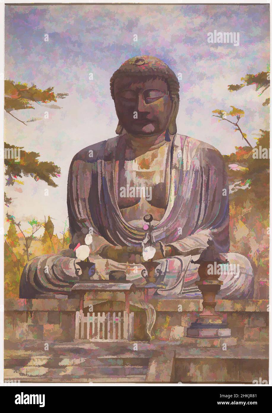 Art inspired by Daibutsu, Great Bronze Statue of Buddha at Kamakura, Japan, Henry Roderick Newman, American, 1843-1917, Watercolor and graphite on paper, 1898, 20 x 14 in., 50.8 x 35.6 cm, 19th Century, buddah, buddha, clouds, Japan, painting, painting of statue, seated, sky, somber, Classic works modernized by Artotop with a splash of modernity. Shapes, color and value, eye-catching visual impact on art. Emotions through freedom of artworks in a contemporary way. A timeless message pursuing a wildly creative new direction. Artists turning to the digital medium and creating the Artotop NFT Stock Photo