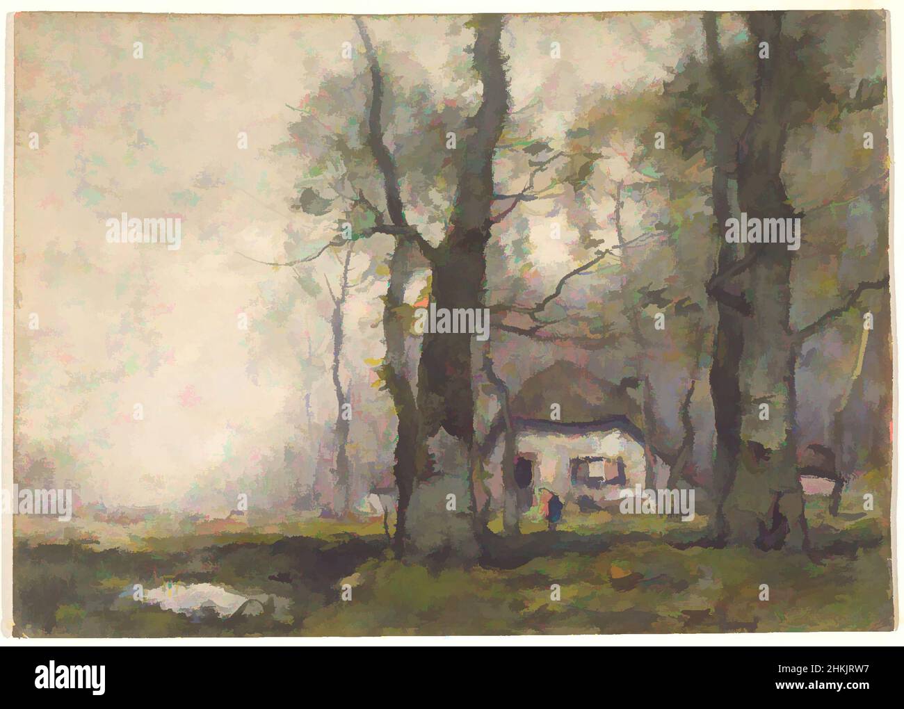 Art inspired by Lodge in the Woods, Henry Ward Ranger, American, 1858-1916, Watercolor on paper, 1891, 10 7/8 x 15 7/16 in., 27.6 x 29.2 cm, quiet, seclusion, woods, Classic works modernized by Artotop with a splash of modernity. Shapes, color and value, eye-catching visual impact on art. Emotions through freedom of artworks in a contemporary way. A timeless message pursuing a wildly creative new direction. Artists turning to the digital medium and creating the Artotop NFT Stock Photo