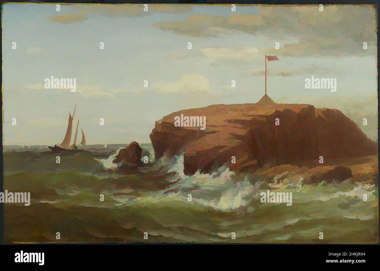 Art inspired by Seconnet Rock, New Bedford, Massachusetts, Robert Swain Gifford, American, 1840-1905, Oil on canvas, ca. 1865, 14 3/16 x 22 3/16 in., 36 x 56.3 cm, American Landscape painting, Atlantic Ocean, birds, black and white, boulder, crashing, East Coast, Eastern seaboard, flag, Classic works modernized by Artotop with a splash of modernity. Shapes, color and value, eye-catching visual impact on art. Emotions through freedom of artworks in a contemporary way. A timeless message pursuing a wildly creative new direction. Artists turning to the digital medium and creating the Artotop NFT Stock Photo