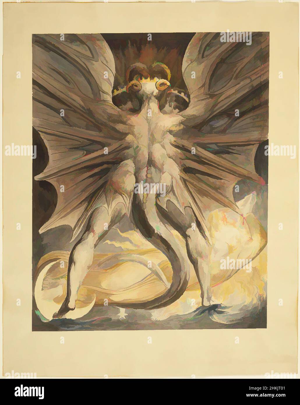 Art inspired by The Great Red Dragon and the Woman Clothed with the Sun, Rev. 12: 1-4, William Blake, British, 1757-1827, Black ink and watercolor over traces of graphite and incised lines on wove paper, England, ca. 1803-1805, Image: 17 3/16 x 13 11/16 in., 43.7 x 34.8 cm, apocalypse, Classic works modernized by Artotop with a splash of modernity. Shapes, color and value, eye-catching visual impact on art. Emotions through freedom of artworks in a contemporary way. A timeless message pursuing a wildly creative new direction. Artists turning to the digital medium and creating the Artotop NFT Stock Photo