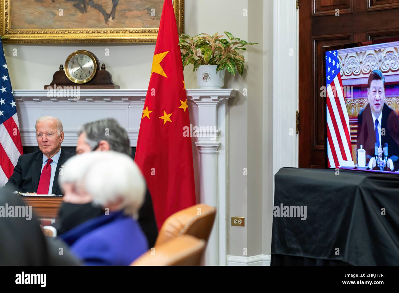 President Joe Biden participates in a virtual bilateral meeting with Chinese President Xi Jinping Monday, November 15, 2021, in the Roosevelt Room of the White House. (Official White House Photo by Cameron Smith) Stock Photo
