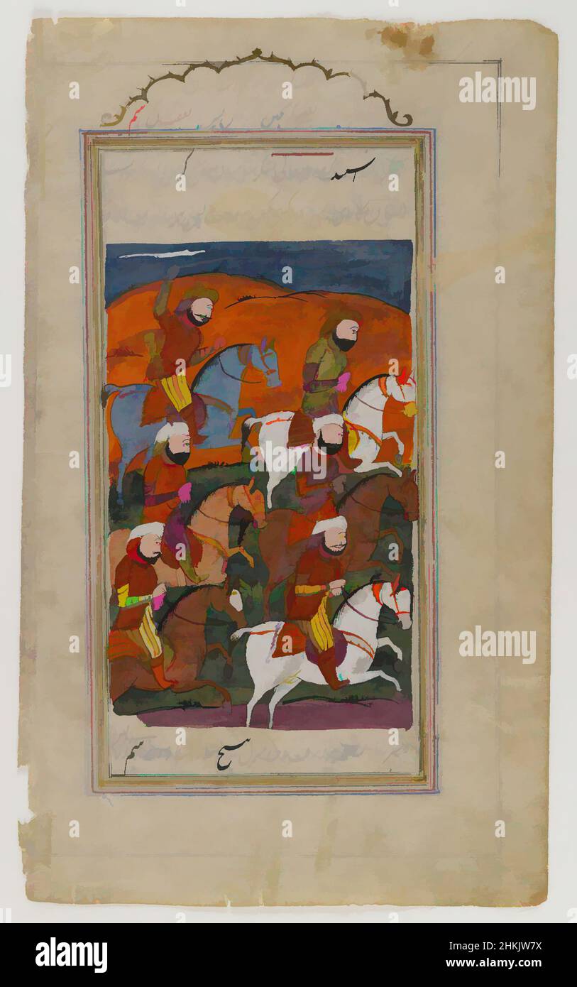 Art inspired by The Battle Ibrahim, Detached Leaf from the Epic of The Twelve Uprisings, Opaque watercolor and gold on paper, Kashmir, India, 19th century, 9 1/2 x 5 3/4 in, Classic works modernized by Artotop with a splash of modernity. Shapes, color and value, eye-catching visual impact on art. Emotions through freedom of artworks in a contemporary way. A timeless message pursuing a wildly creative new direction. Artists turning to the digital medium and creating the Artotop NFT Stock Photo