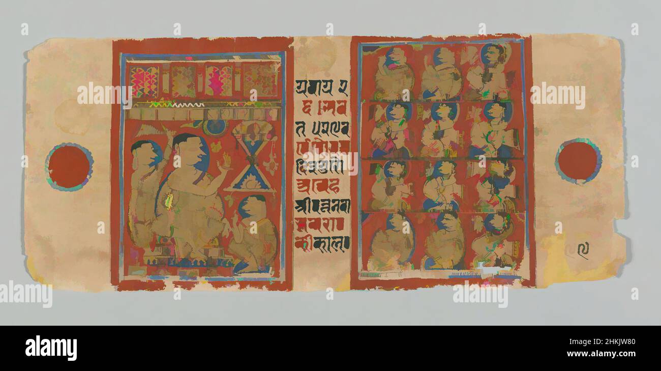 Art inspired by Page 99 from a manuscript of the Kalpasutra: recto text, including colophon, verso images of a monk preaching and 4 tiers of devotees, Opaque watercolor and ink on gold leaf on paper, Patana region, Gujarat, India, 1472, sheet: height: 4 3/8 in, Classic works modernized by Artotop with a splash of modernity. Shapes, color and value, eye-catching visual impact on art. Emotions through freedom of artworks in a contemporary way. A timeless message pursuing a wildly creative new direction. Artists turning to the digital medium and creating the Artotop NFT Stock Photo