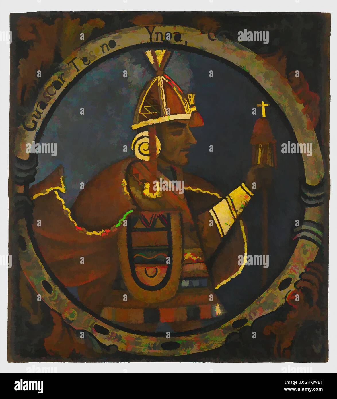 Art inspired by Huascar, Thirteenth Inca, 1 of 14 Portraits of Inca Kings, Peruvian, Oil on canvas, Peru, Probably mid-18th century, Colonial Period, 23 1/2 x 21 1/2in., 59.7 x 54.6cm, 13, American, armbands, cape, Conquest, earspools, hat, headdress, hispanic heritage, historical, Classic works modernized by Artotop with a splash of modernity. Shapes, color and value, eye-catching visual impact on art. Emotions through freedom of artworks in a contemporary way. A timeless message pursuing a wildly creative new direction. Artists turning to the digital medium and creating the Artotop NFT Stock Photo