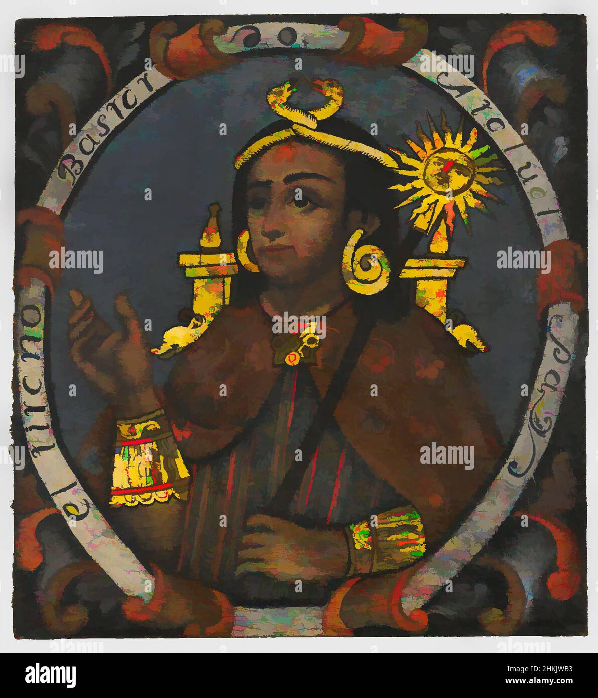 Art inspired by Atahualpa, Fourteenth Inca, 1 of 14 Portraits of Inca Kings, Peruvian, Oil on canvas, Peru, Probably mid-18th century, Colonial Period, 23 5/8 x 21 3/4in., 60 x 55.2cm, armbands, Conquest, costume, Cuzco, earspools, gilded, headdress, hispanic heritage, historical, inca, Classic works modernized by Artotop with a splash of modernity. Shapes, color and value, eye-catching visual impact on art. Emotions through freedom of artworks in a contemporary way. A timeless message pursuing a wildly creative new direction. Artists turning to the digital medium and creating the Artotop NFT Stock Photo