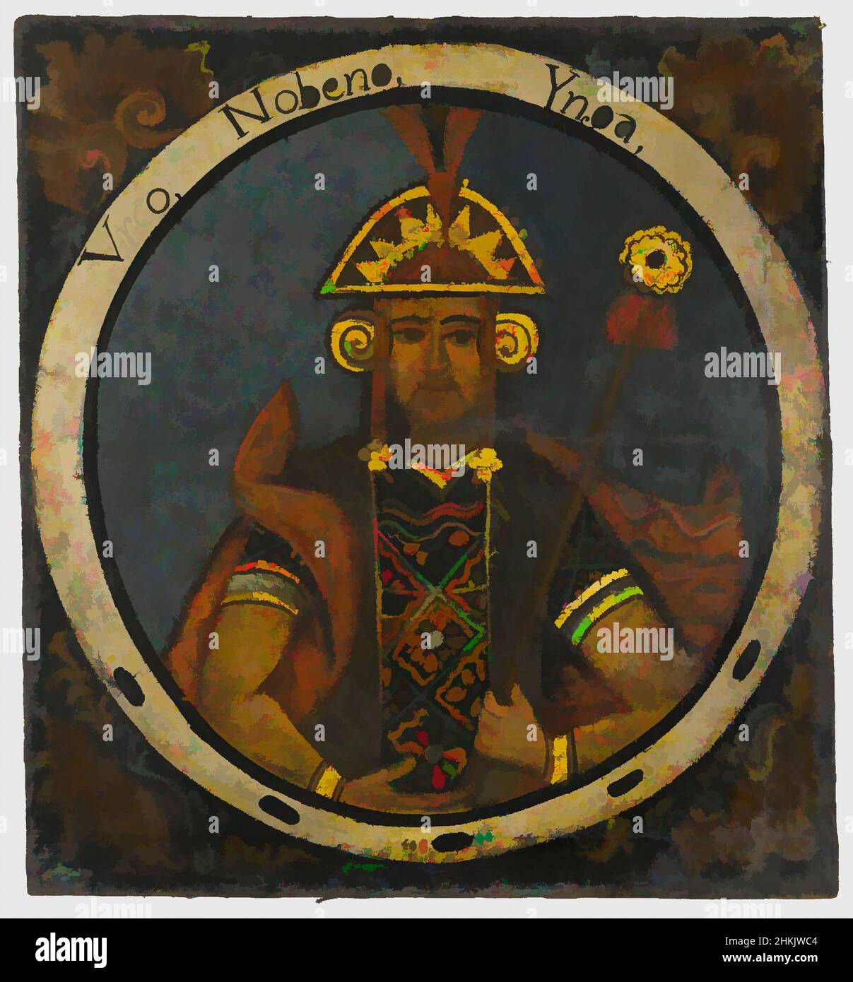 Art inspired by Urco, Ninth Inca, 1 of 14 Portraits of Inca Kings, Peruvian, Oil on canvas, Peru, mid-18th century, probably, Colonial Period, 23 7/16 x 21 9/16in., 59.5 x 54.8cm, armbands, Conquest, earspools, headdress, hispanic heritage, historical, Inca, king, latin american art, Classic works modernized by Artotop with a splash of modernity. Shapes, color and value, eye-catching visual impact on art. Emotions through freedom of artworks in a contemporary way. A timeless message pursuing a wildly creative new direction. Artists turning to the digital medium and creating the Artotop NFT Stock Photo