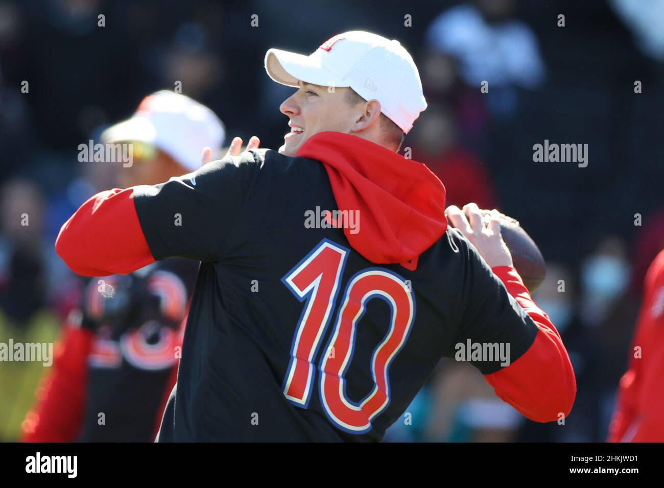 Las Vegas, Nevada, USA. 4th Feb, 2022. Los Angeles Chargers quarterback  Justin Herbert (10) during the AFC Pro Bowl Practice at Las Vegas Ballpark  in Las Vegas, Nevada. Darren Lee/CSM/Alamy Live News