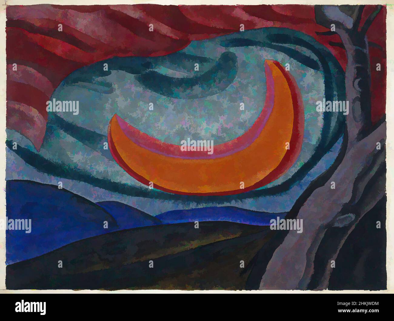 Art inspired by Loving Moon, Oscar Florianus Bluemner, American, born Prussia, 1867-1938, Watercolor, possibly with a surface coating, on cream, medium weight, slightly textured wove paper mounted to thick black woodpulp board, 1927, 9 15/16 x 13 5/16 in., 25.2 x 33.8 cm, Abstract Art, Classic works modernized by Artotop with a splash of modernity. Shapes, color and value, eye-catching visual impact on art. Emotions through freedom of artworks in a contemporary way. A timeless message pursuing a wildly creative new direction. Artists turning to the digital medium and creating the Artotop NFT Stock Photo