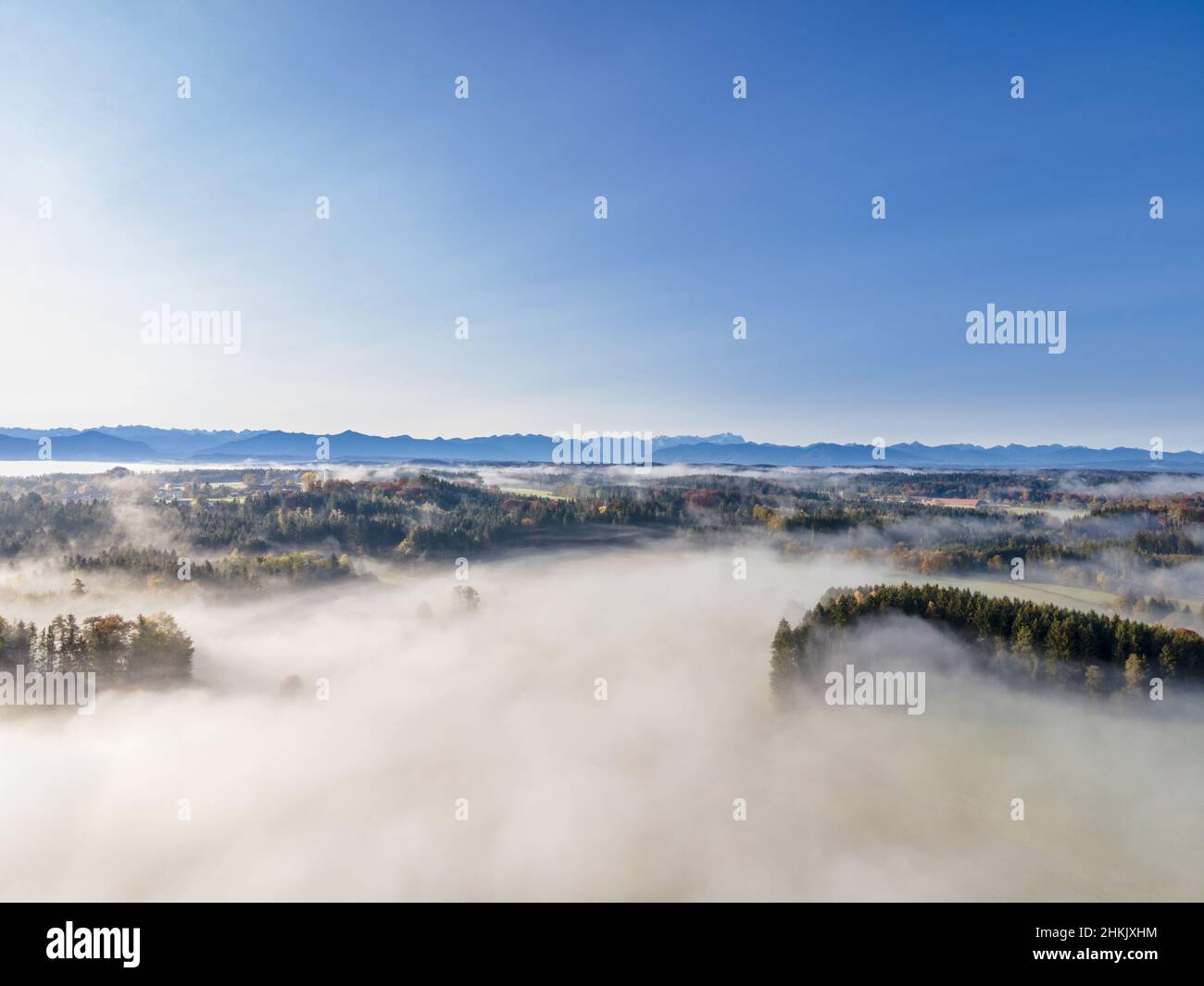 mist over the Bavarian pre-Alps near Bernried, drone photo, Germany, Bavaria, Oberbayern, Upper Bavaria Stock Photo