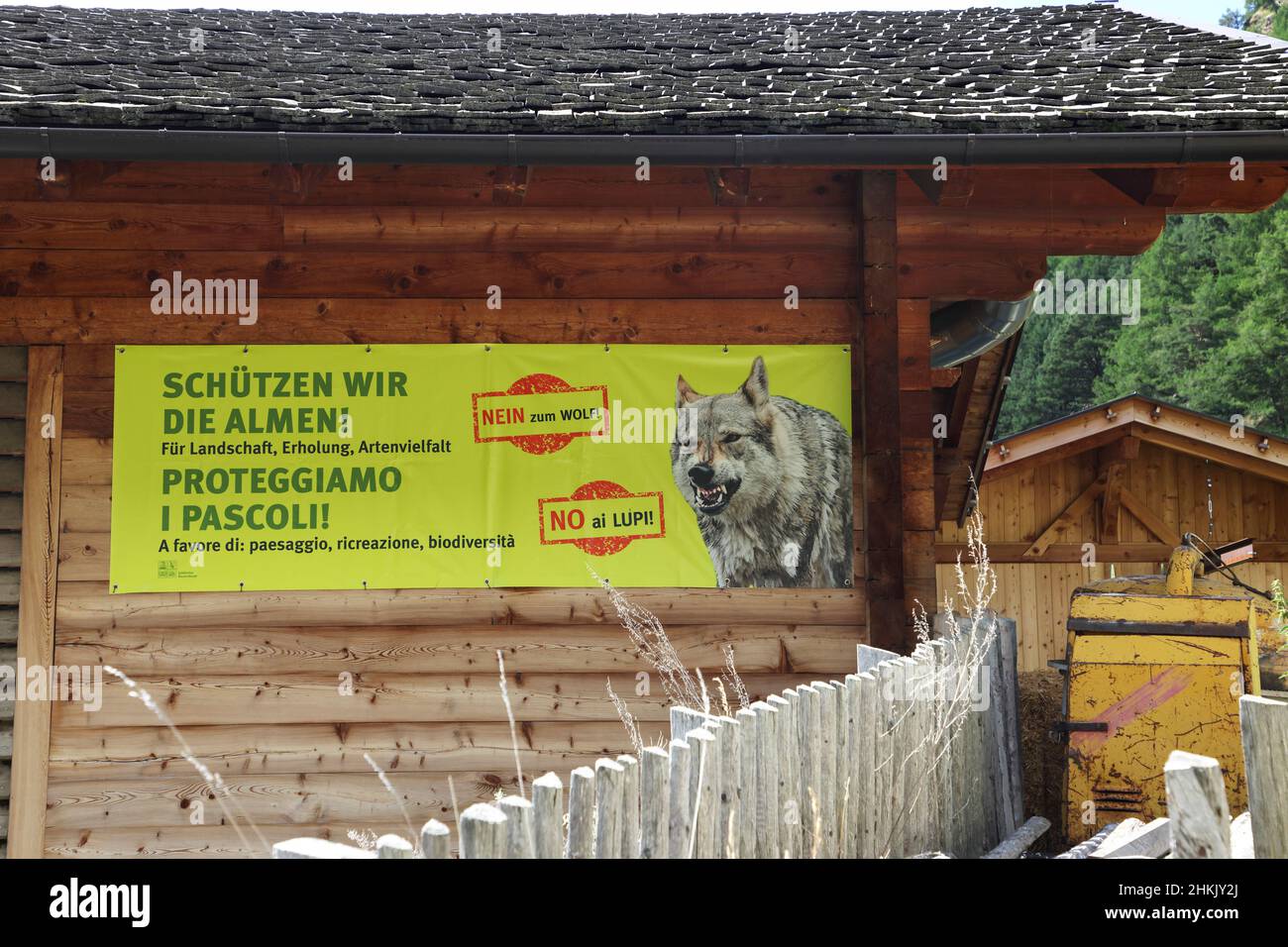 poster 'No to the wolf', campaign of the alpine farmers against the wolf, Italy, South Tyrol, Latsch, St Martin im Kofel Stock Photo