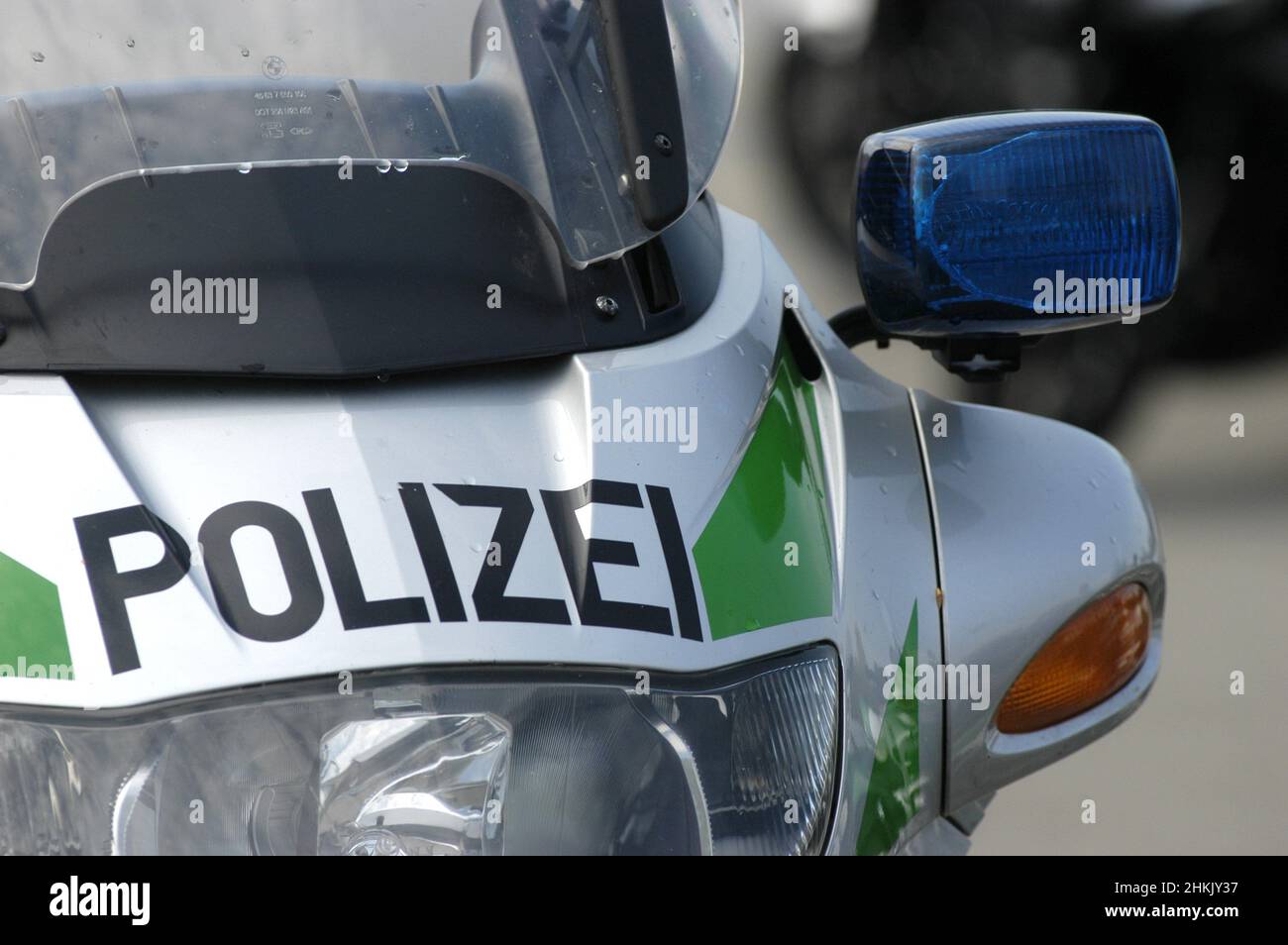 police motorcycle with blue light direction indicator, Germany Stock Photo