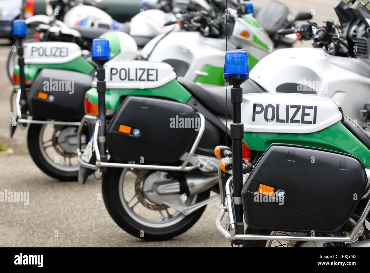 parked police motorcycles, Germany Stock Photo